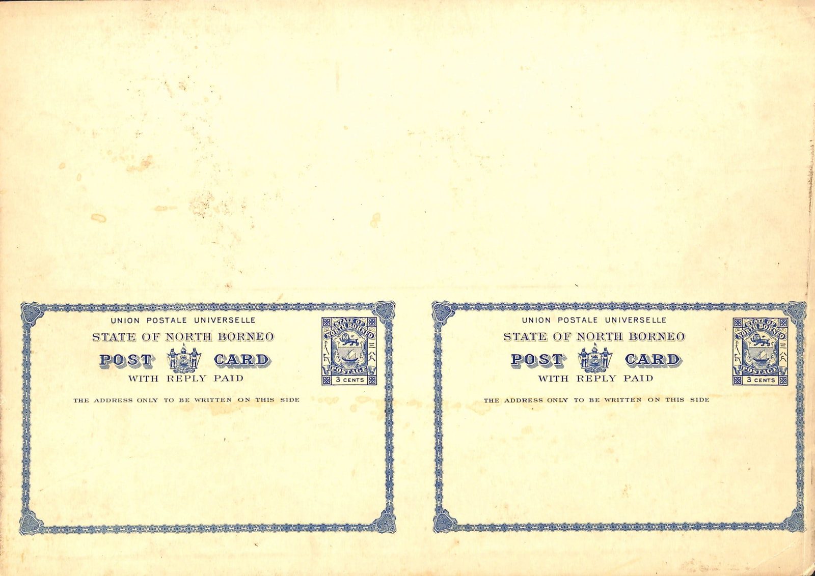 Title: North Borneo 1894 Description: 3c Blue reply card, an uncut proof pair on thick card, the: Title: North Borneo 1894 Description: 3c Blue reply card, an uncut proof pair on thick card, the outward halves on the front and the reply halves on the reverse, very unusual. Condition: New Delivery 