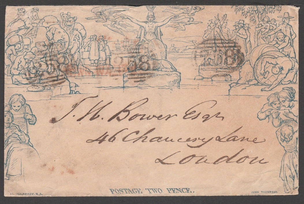 Title: G.B. - Mulreadys / Kent 1848 (July 14) Description: 2d Mulready envelope stereo a202 (minor: Title: G.B. - Mulreadys / Kent 1848 (July 14) Description: 2d Mulready envelope stereo a202 (minor staining) from Dover to London, cancelled by red 'TOWN WALL' and three "258" obliterators in black,