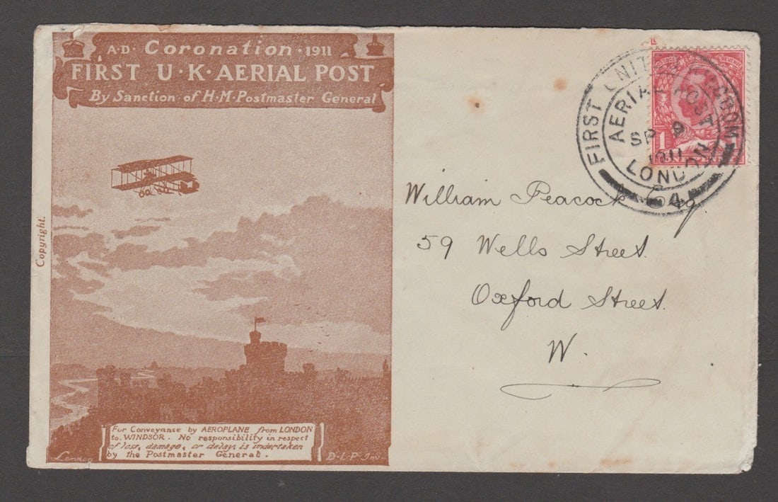 Title: First U.K Aerial Post 1911 (Sep 9) Description: London to Windsor Envelope Proof printed in: Title: First U.K Aerial Post 1911 (Sep 9) Description: London to Windsor Envelope Proof printed in brown on light blue paper, the usual Aerial Post Logo omitted from the flap, used with London Aerial