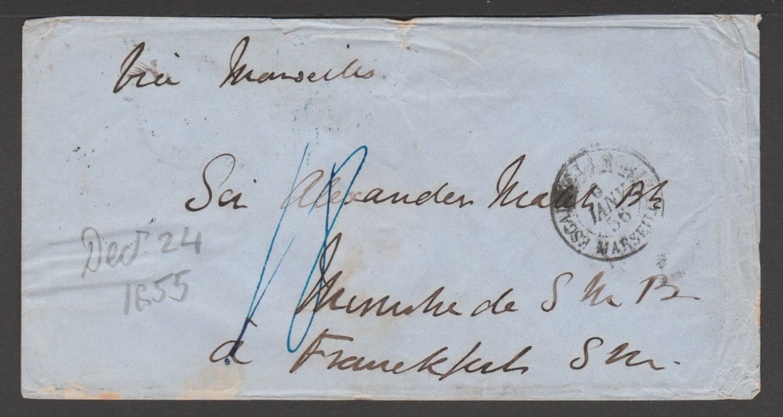 Title: GB - Crimean War 1855 Description: Stampless cover to Germany with Post Office / B /: Title: GB - Crimean War 1855 Description: Stampless cover to Germany with Post Office / B / British Army datestamp on the reverse and 'ESCAD. DE LA MEDIT. MARSEILLE' cds 6th January 1856 on the front