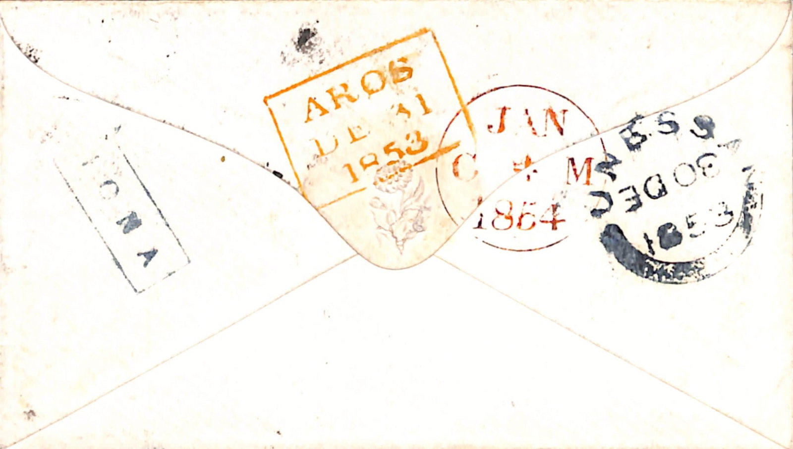 Title: G.B. - Scottish Islands - Iona 1853 (Dec. 30) Description: Cover to Edinburgh franked 1d: Title: G.B. - Scottish Islands - Iona 1853 (Dec. 30) Description: Cover to Edinburgh franked 1d cancelled at Aros, reverse with green boxed "IONA", a Bunessan c.d.s (date inverted) and red boxed Aros 