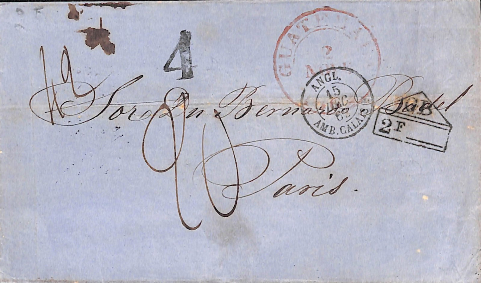Title: Guatemala / British Honduras 1862 (Nov. 2) Description: Entire from Guatemala to France (1 of 3)