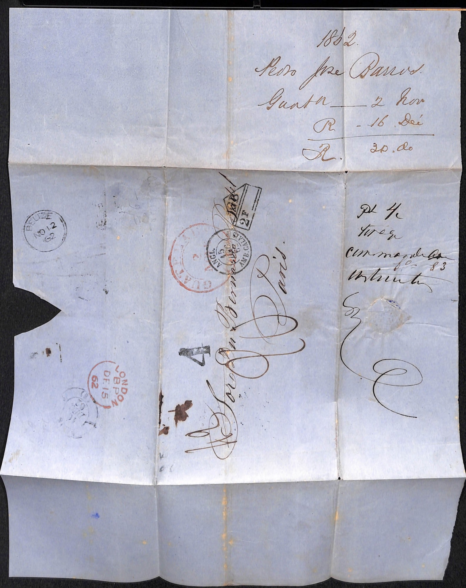 Title: Guatemala / British Honduras 1862 (Nov. 2) Description: Entire from Guatemala to France - 3
