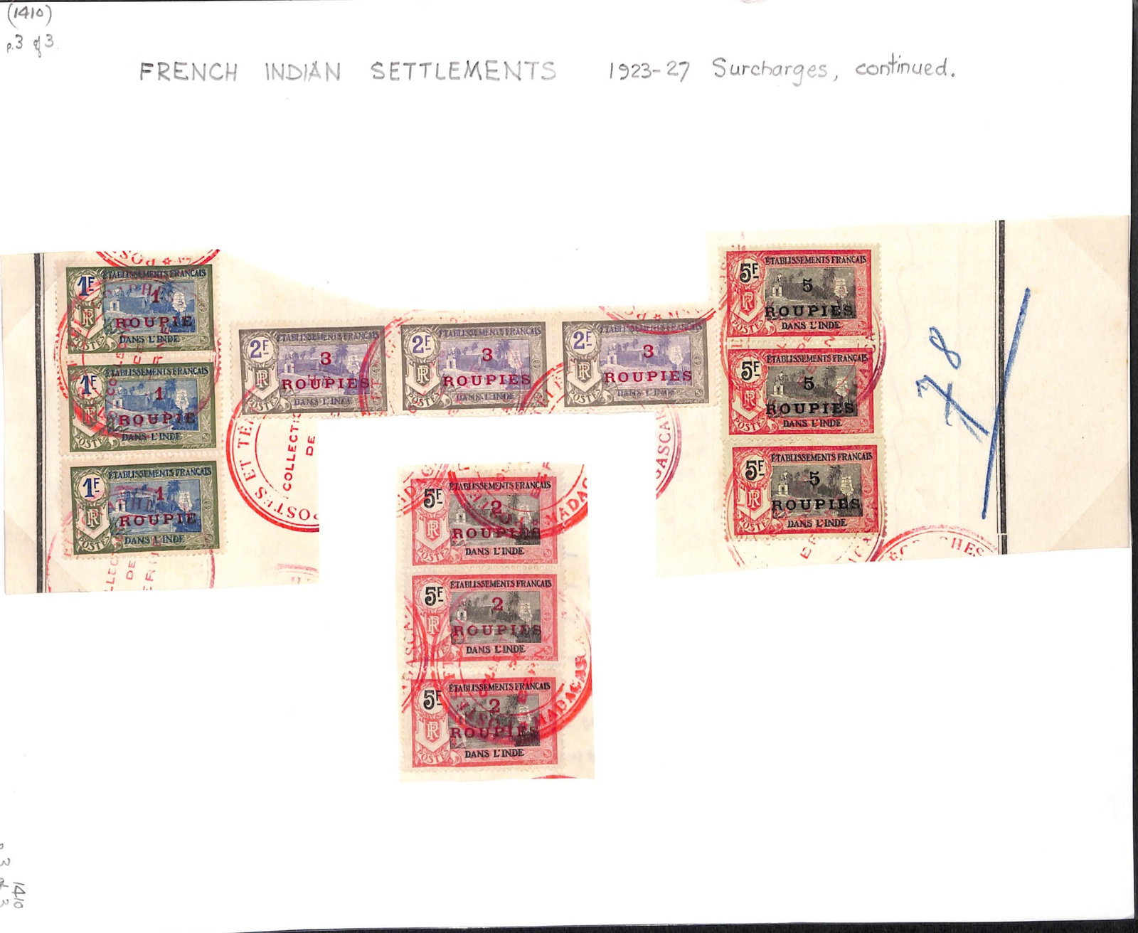 Title: French Indian Settlements Description: 1923-27 Surcharges. 66 stamps, on 3 pages. Condi - 3