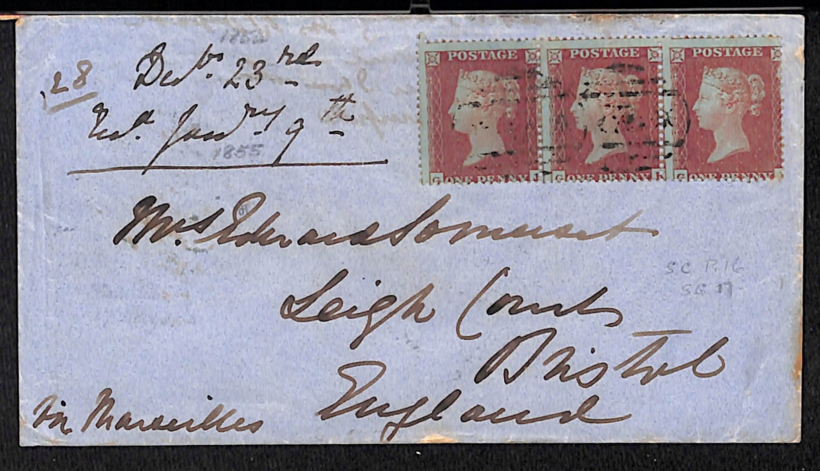 Title: G.B. - Crimean War 1854 Description: Cover to England bearing GB die I perf 16 1d red strip: Title: G.B. - Crimean War 1854 Description: Cover to England bearing GB die I perf 16 1d red strip of three cancelled by two strikes of the scarce crown between stars obliterator, backstamped with