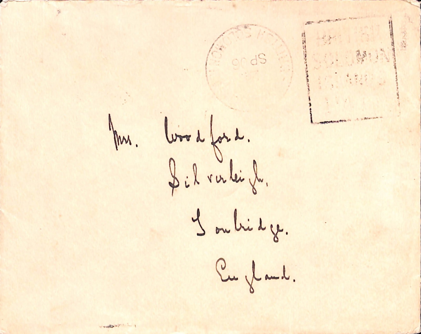 Title: British Solomon Islands 1906 (Sep. 24) Description: Stampless cover with "Government: Title: British Solomon Islands 1906 (Sep. 24) Description: Stampless cover with "Government Residence Tulagi" printed flap, sent by the Resident Commissionert Charles M. Woodford to his wife in