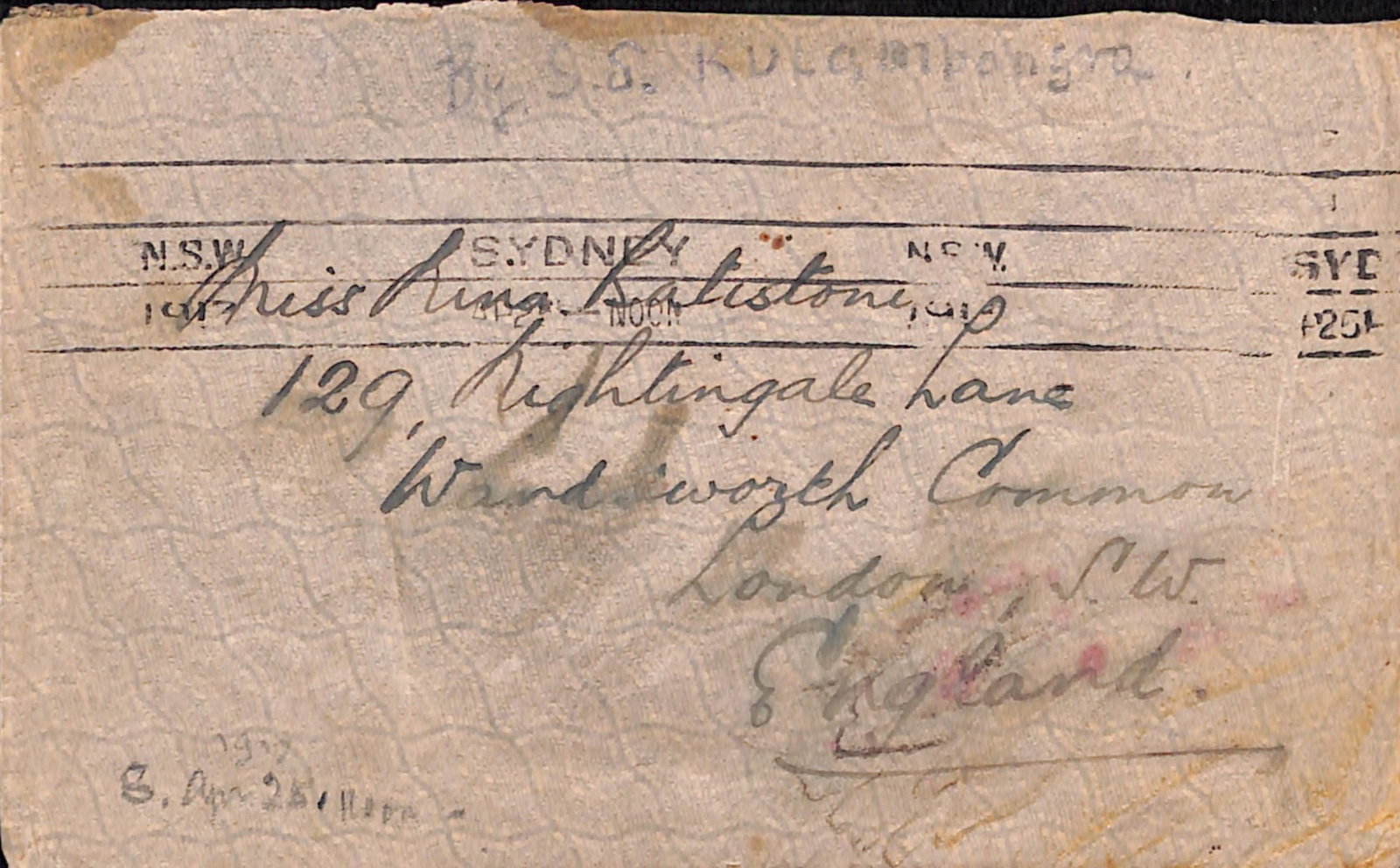 Title: British Solomon Islands 1913 Description: Cover to England (some staining) with 1908 1d block - 2