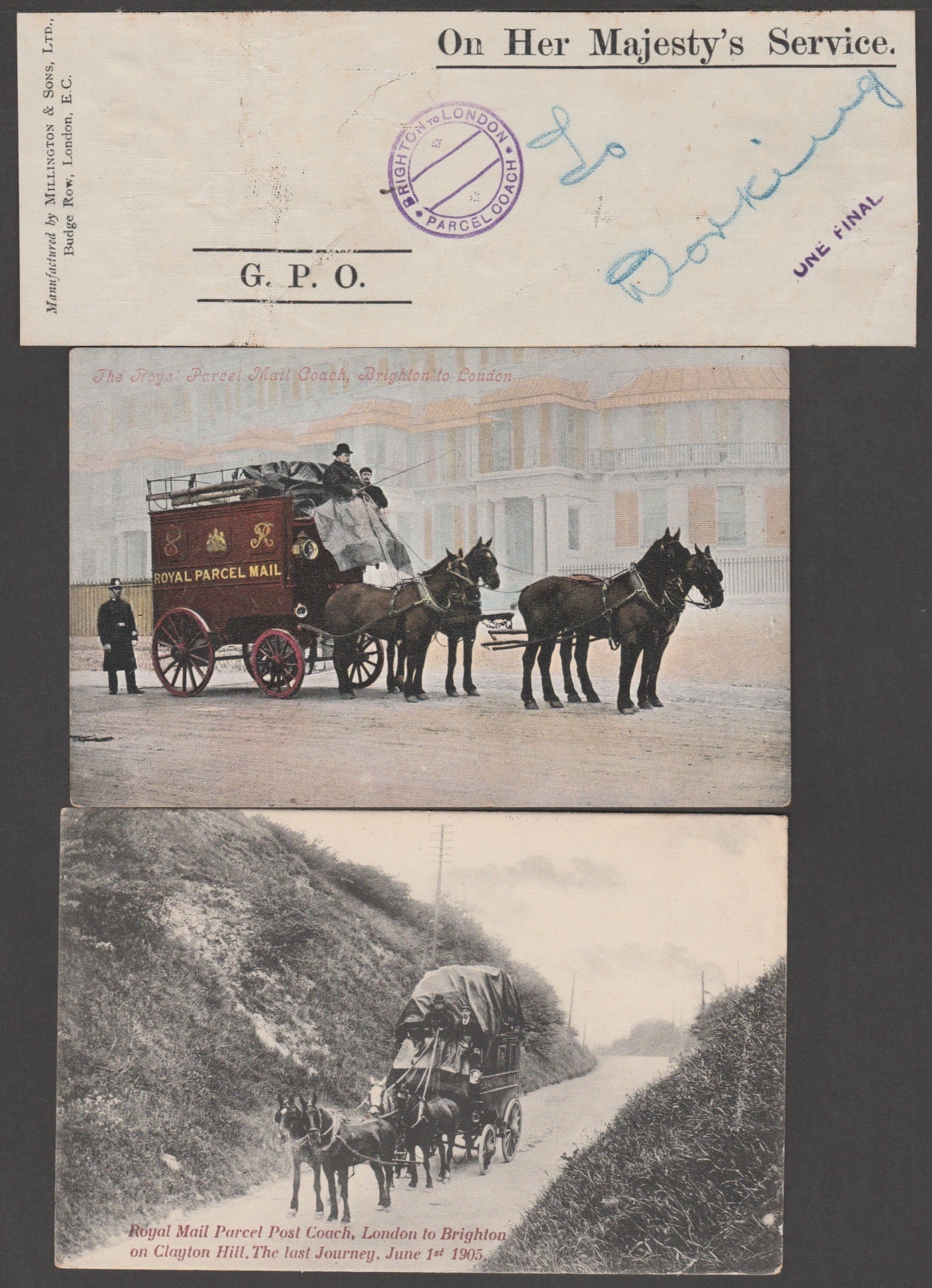 Title: Great Britain - Parcel Post c.1900 Description: G.P.O. O.H.M.S bag label for a mailbag: Title: Great Britain - Parcel Post c.1900 Description: G.P.O. O.H.M.S bag label for a mailbag carried from Holmwood to Dorking on the Brighton to London parcel coach, with the very rare "BRIGHTON TO
