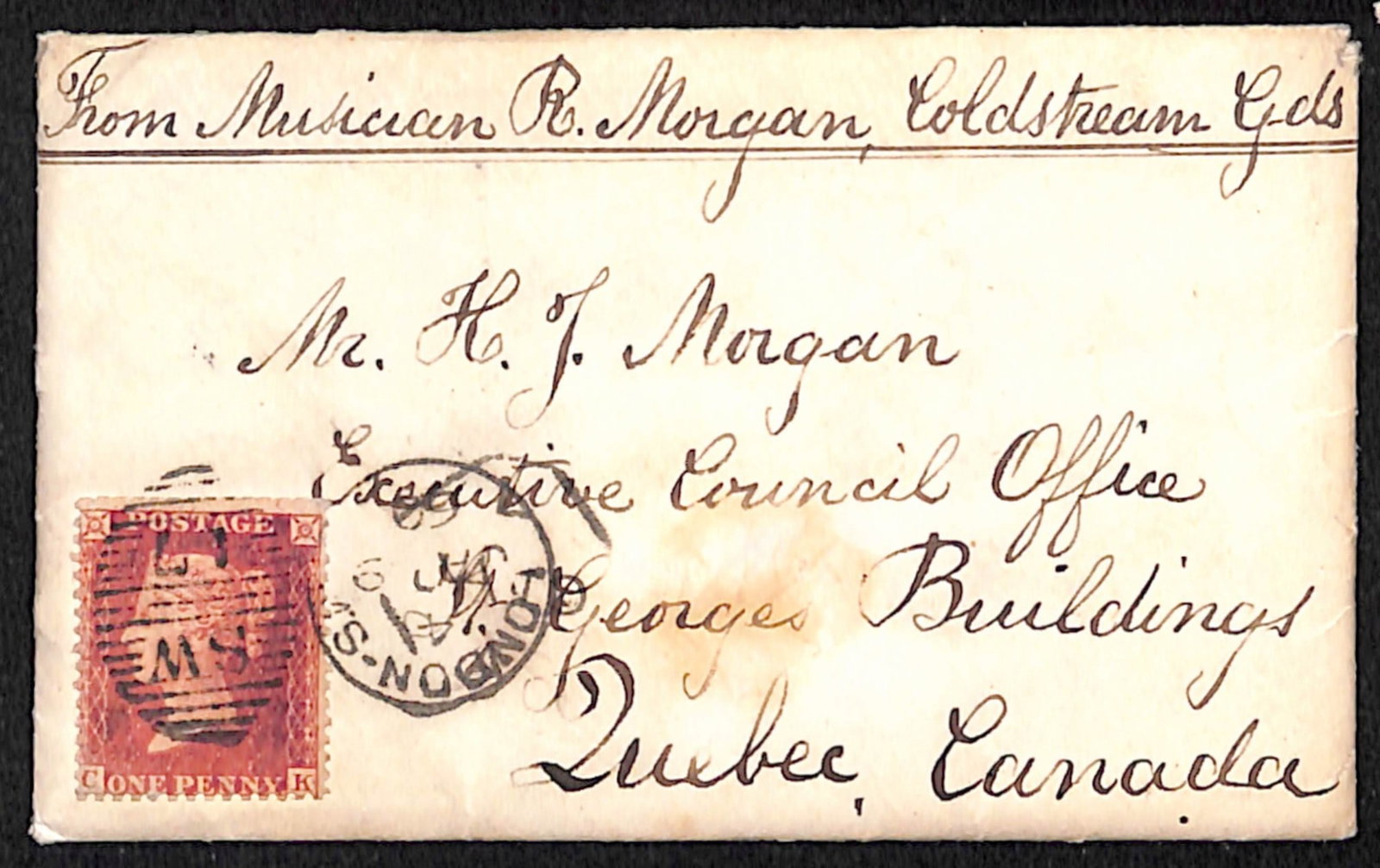 Title: G.B. - Military 1860 Description: Cover (with enclosed letter) headed "From Musician R.: Title: G.B. - Military 1860 Description: Cover (with enclosed letter) headed "From Musician R. Morgan, Coldstream Gds" and franked by a single 1d red, paying the soldiers concession rate from London