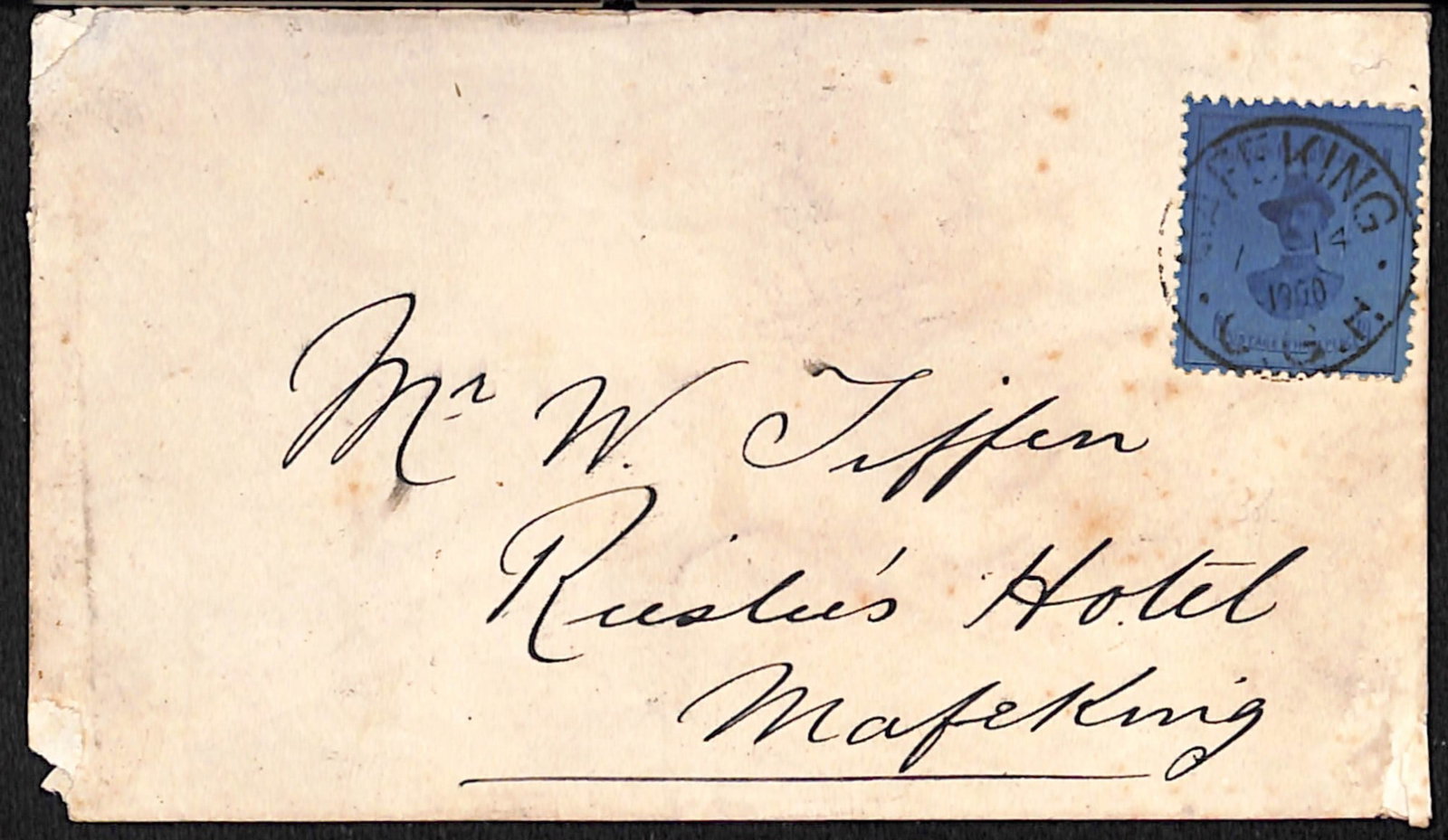 Title: Mafeking 1900 (Apr 14) Description: Cover (minor faults) to Mr W. Tiffen, Riesles Hotel,: Title: Mafeking 1900 (Apr 14) Description: Cover (minor faults) to Mr W. Tiffen, Riesles Hotel, Mafeking, bearing 3d deep blue Baden Powell stamp (narrow format) tied by Mafeking c.d.s, a scarce