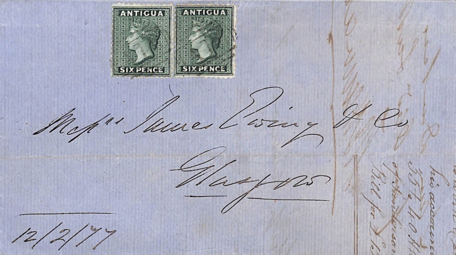Title: Antigua - English Harbour 1877 (Feb. 12) Description: Entire to Scotland bearing perf 12 1/: Title: Antigua - English Harbour 1877 (Feb. 12) Description: Entire to Scotland bearing perf 12 1/2 6d blue-green pair each cancelled "A18", backstamped circular "ENGLISH HARBOUR/ANTIGUA" with