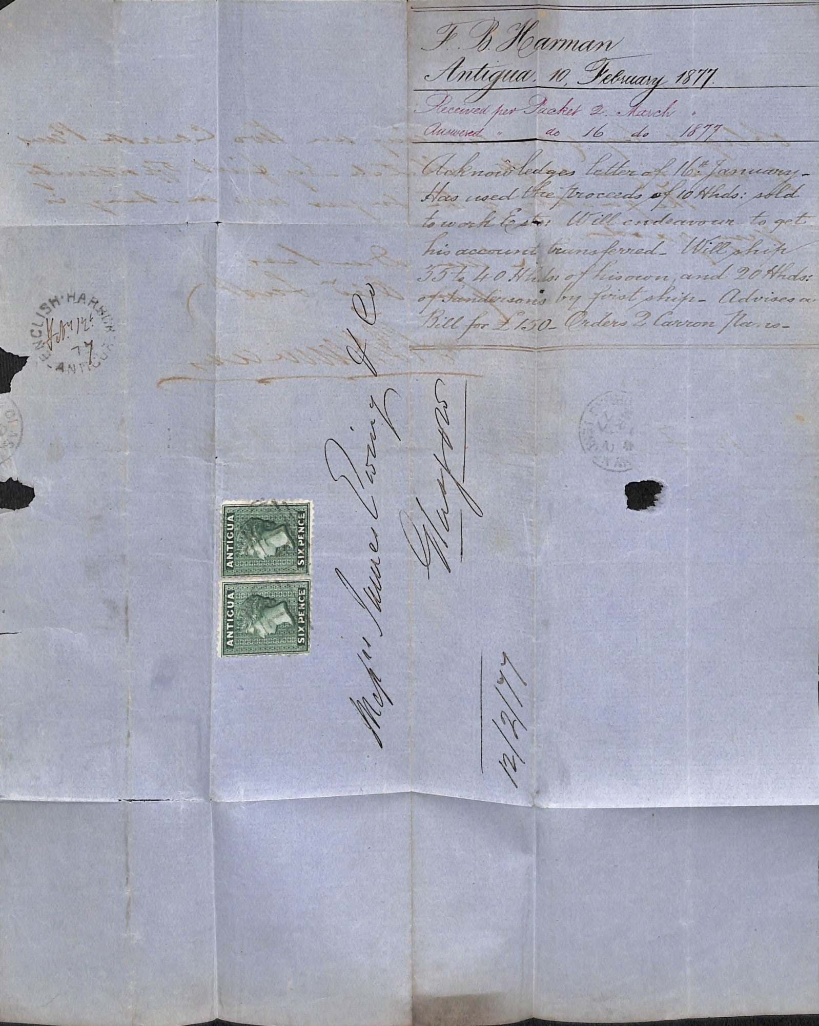 Title: Antigua - English Harbour 1877 (Feb. 12) Description: Entire to Scotland bearing perf 12 1/ - 4