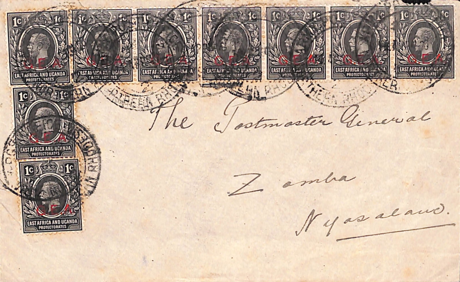 Title: Tanganyika 1920 (Apr 14) Description: Cover to The Postmaster, Zamba, Nyasaland, with nine: Title: Tanganyika 1920 (Apr 14) Description: Cover to The Postmaster, Zamba, Nyasaland, with nine G.E.A 1c stamps cancelled by seven strikes of "ARMY POST OFFICE/2/NORTHERN RHODESIA" c.d.s,