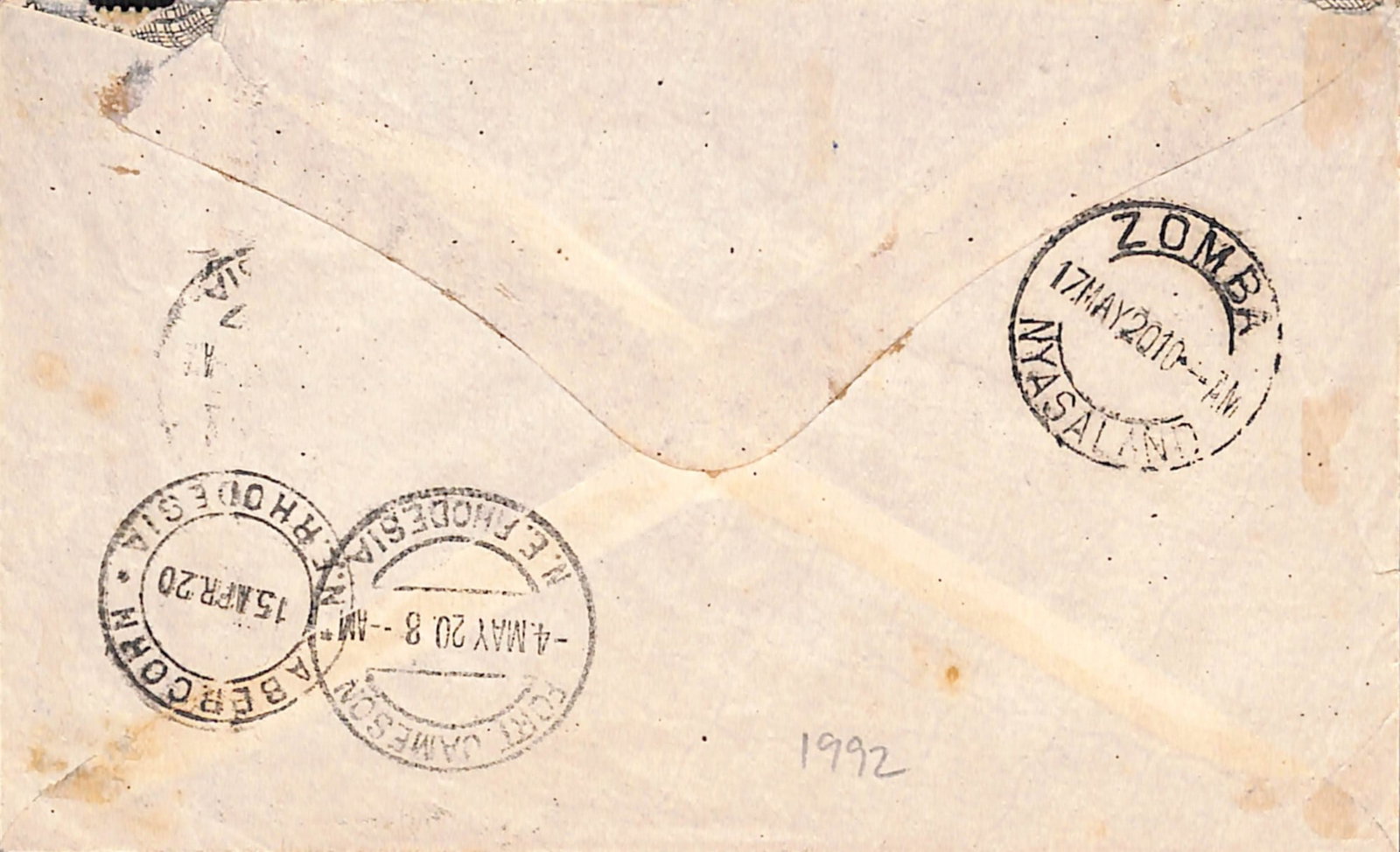 Title: Tanganyika 1920 (Apr 14) Description: Cover to The Postmaster, Zamba, Nyasaland, with nine - 2