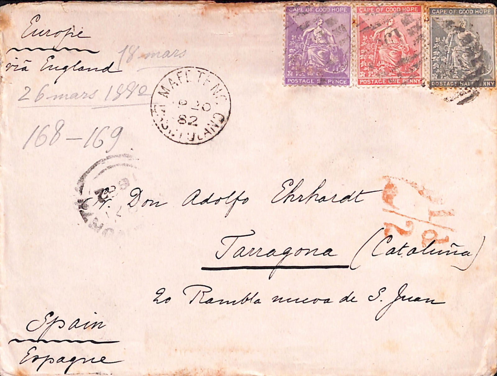 Title: Basutoland / Cape of Good Hope 1882 (Apr. 20) Description: Cover (minor staining) to Spain (1 of 2)