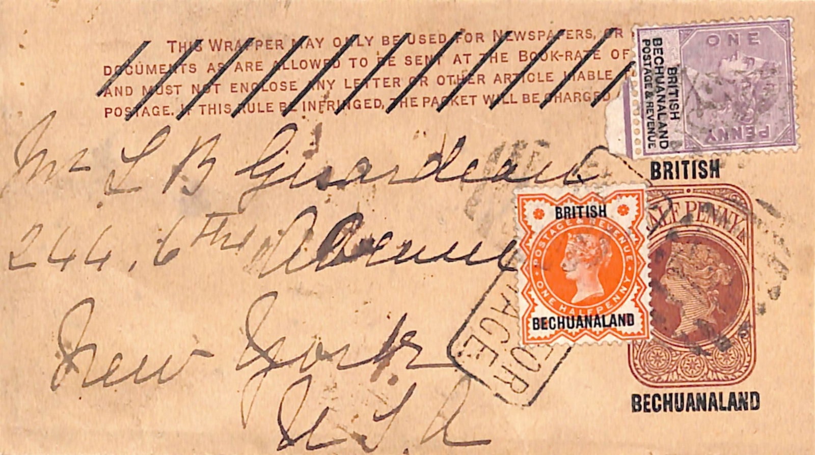 Title: Bechuanaland c.1890 Description: 1/2d Wrapper from Vryburg to U.S.A franked 1d, each (1 of 2)