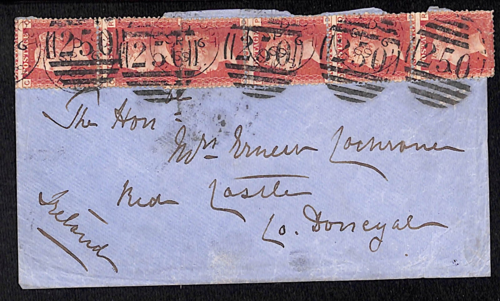Title: G.B. - Ship Letters - Devonport 1869 Description: Cochrane correspondence cover (part flap: Title: G.B. - Ship Letters - Devonport 1869 Description: Cochrane correspondence cover (part flap missing) to Ireland, franked at the 6d Officers rate by a 1d red vertical pair and strip of four