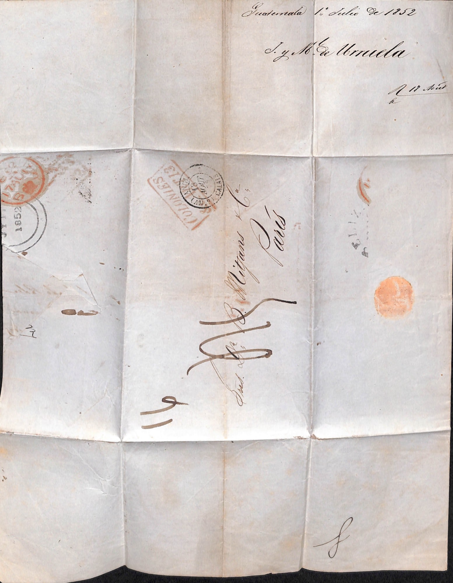 Title: Guatemala / British Honduras 1852 (July 1) Description: Entire letter from Guatemala to - 5