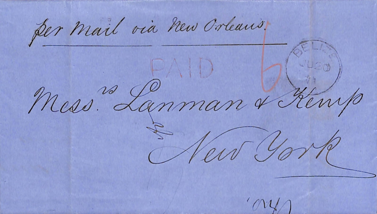 Title: British Honduras 1871 (June 20) Description: Entire letter to New York prepaid 6d in cash: Title: British Honduras 1871 (June 20) Description: Entire letter to New York prepaid 6d in cash with a Belize c.d.s and scarce red "PAID" handstamp (Proud PD4), the latest recorded date of use of