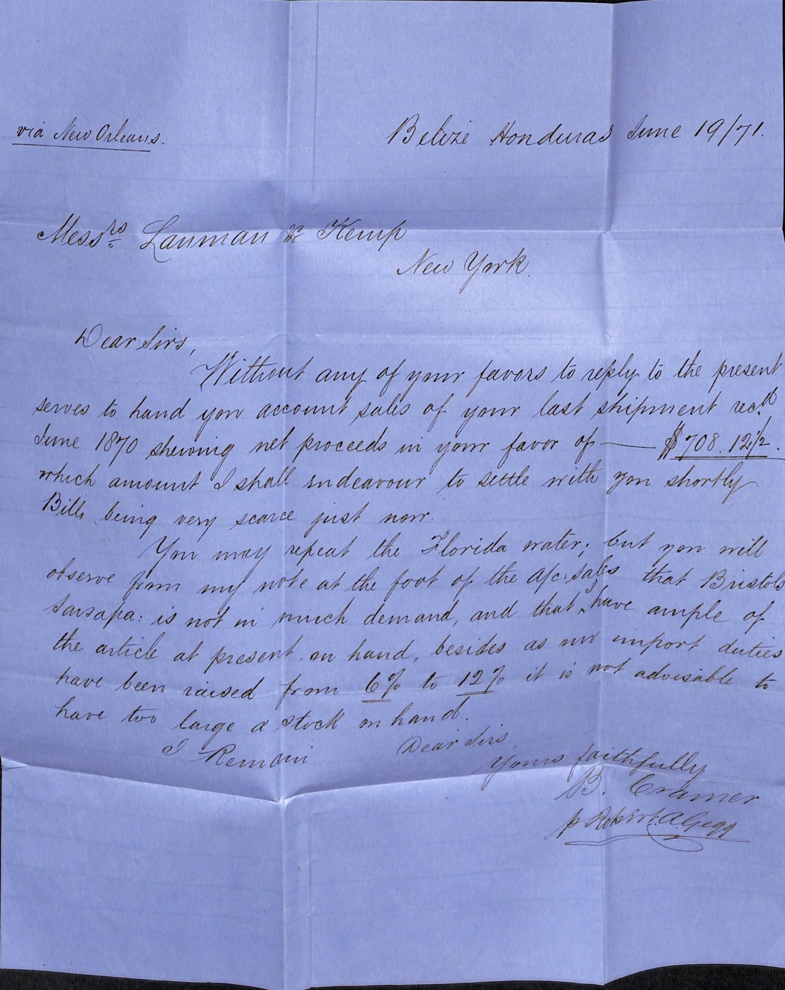 Title: British Honduras 1871 (June 20) Description: Entire letter to New York prepaid 6d in cash - 3
