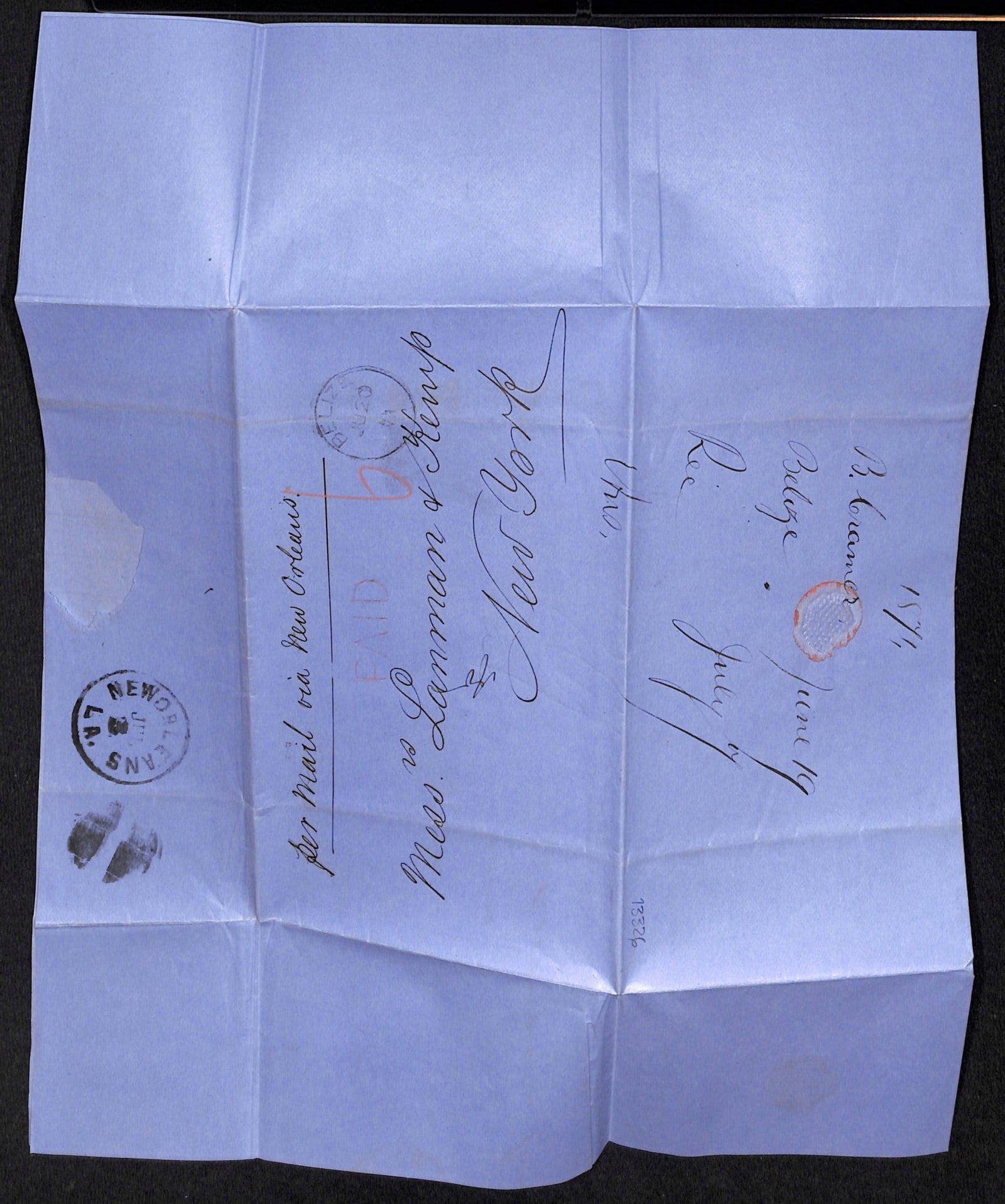 Title: British Honduras 1871 (June 20) Description: Entire letter to New York prepaid 6d in cash - 4