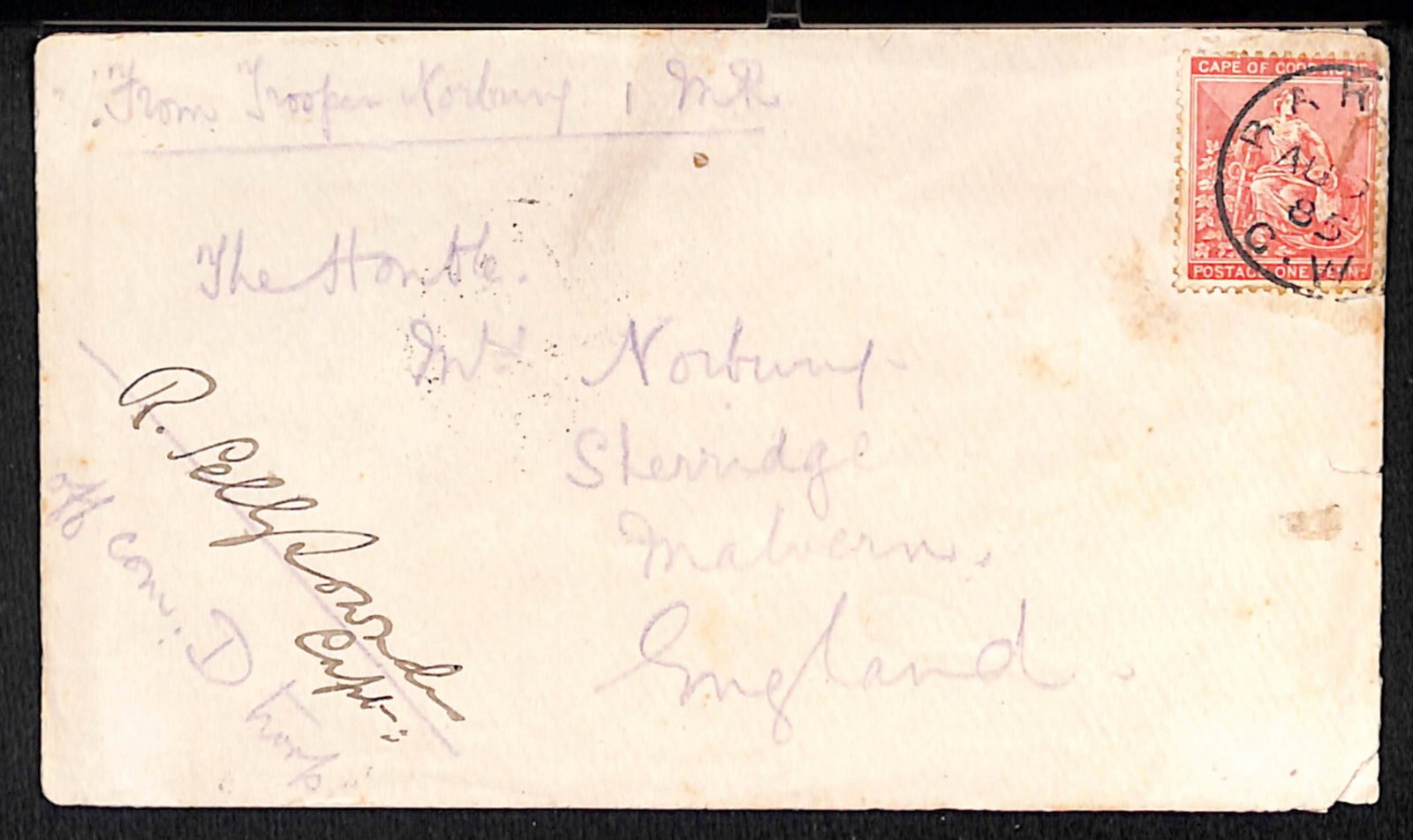 Title: Griqualand / Bechuanaland 1855 (Aug 9) Description: Cover to England headed "From Trooper: Title: Griqualand / Bechuanaland 1855 (Aug 9) Description: Cover to England headed "From Trooper Norbury 1NR" and countersigned by the C.O of D Troop, a Cape 1d paying the soldiers rate, cancelled by