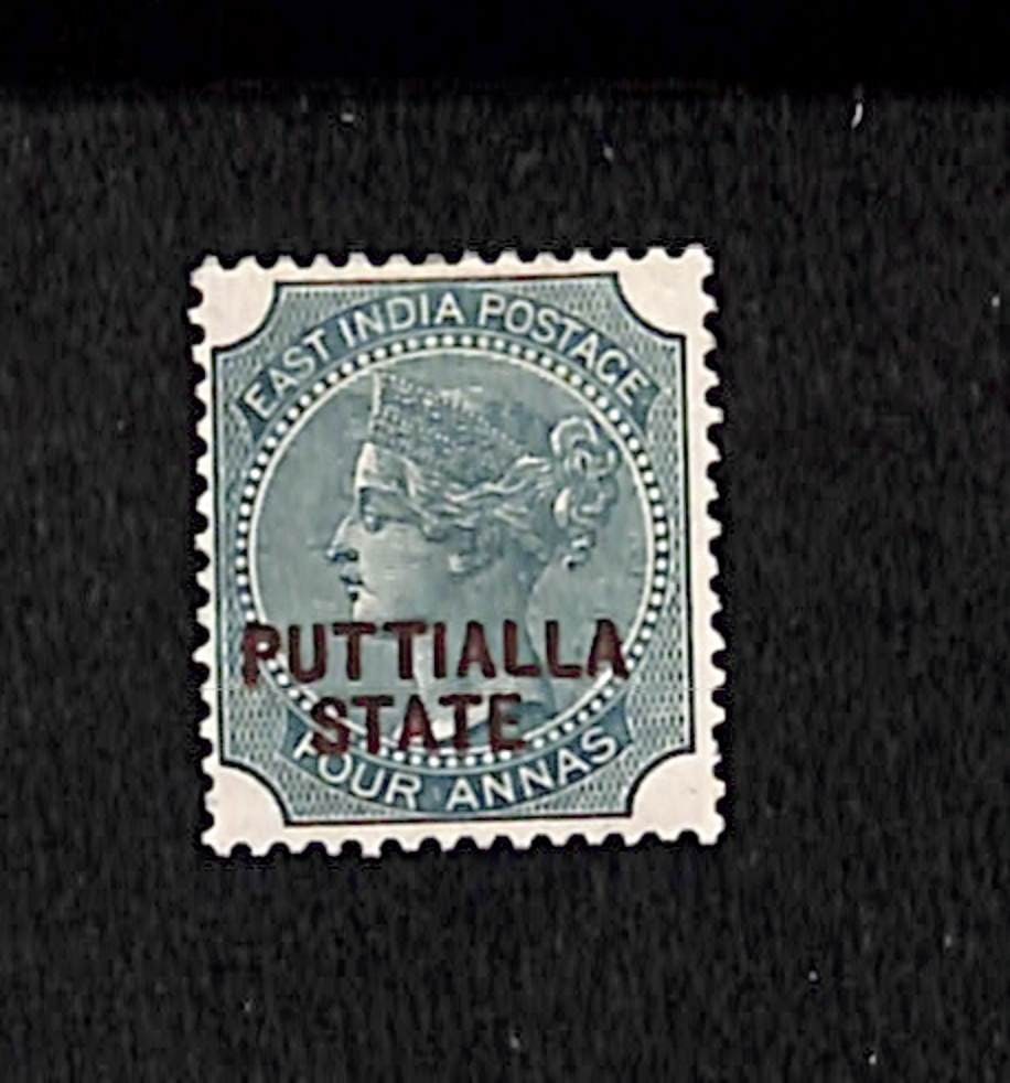 Title: ICS Patiala 1885 Description: 1885 4a green, type 2 opt in black and red, fresh large part: Title: ICS Patiala 1885 Description: 1885 4a green, type 2 opt in black and red, fresh large part o.g. Actually triple opt, black, red and albino, the last being offset in black on