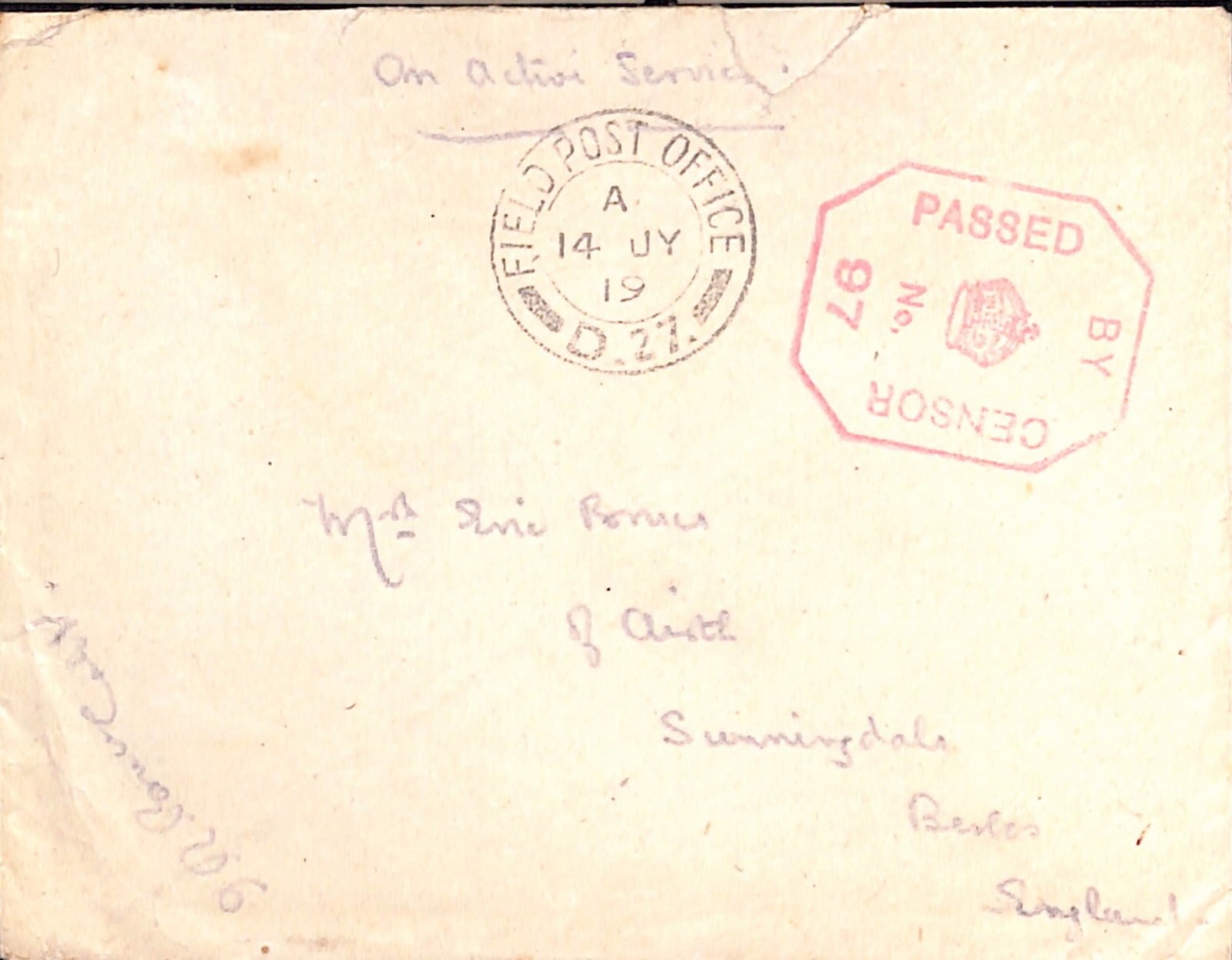 Title: Russia 1919 (July 14) Description: Stampless O.A.S cover with Field Post Office D.27 c.d.s.: Title: Russia 1919 (July 14) Description: Stampless O.A.S cover with Field Post Office D.27 c.d.s. applied at Tiflis, octagonal censor No. 97. Condition: Used Delivery option: Collection &