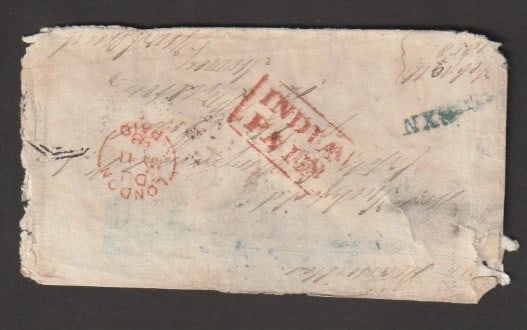 Title: Crash & Wreck 1858 (Feb 9) Description: Envelope (faulty and with stamps missing) with: Title: Crash & Wreck 1858 (Feb 9) Description: Envelope (faulty and with stamps missing) with contents from Catcutta to Brixton, Surrey, England, showing on reverse an almost complete strike of th