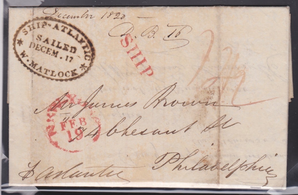 Title: G.B. - Transatlantic 1820 Description: Entire letter (file folds) from Liverpool to: Title: G.B. - Transatlantic 1820 Description: Entire letter (file folds) from Liverpool to Philadelphia sent on the ship "Atlantic" to New York with the very scarce oval handstamp "SHIP ATLANTIC / SAI