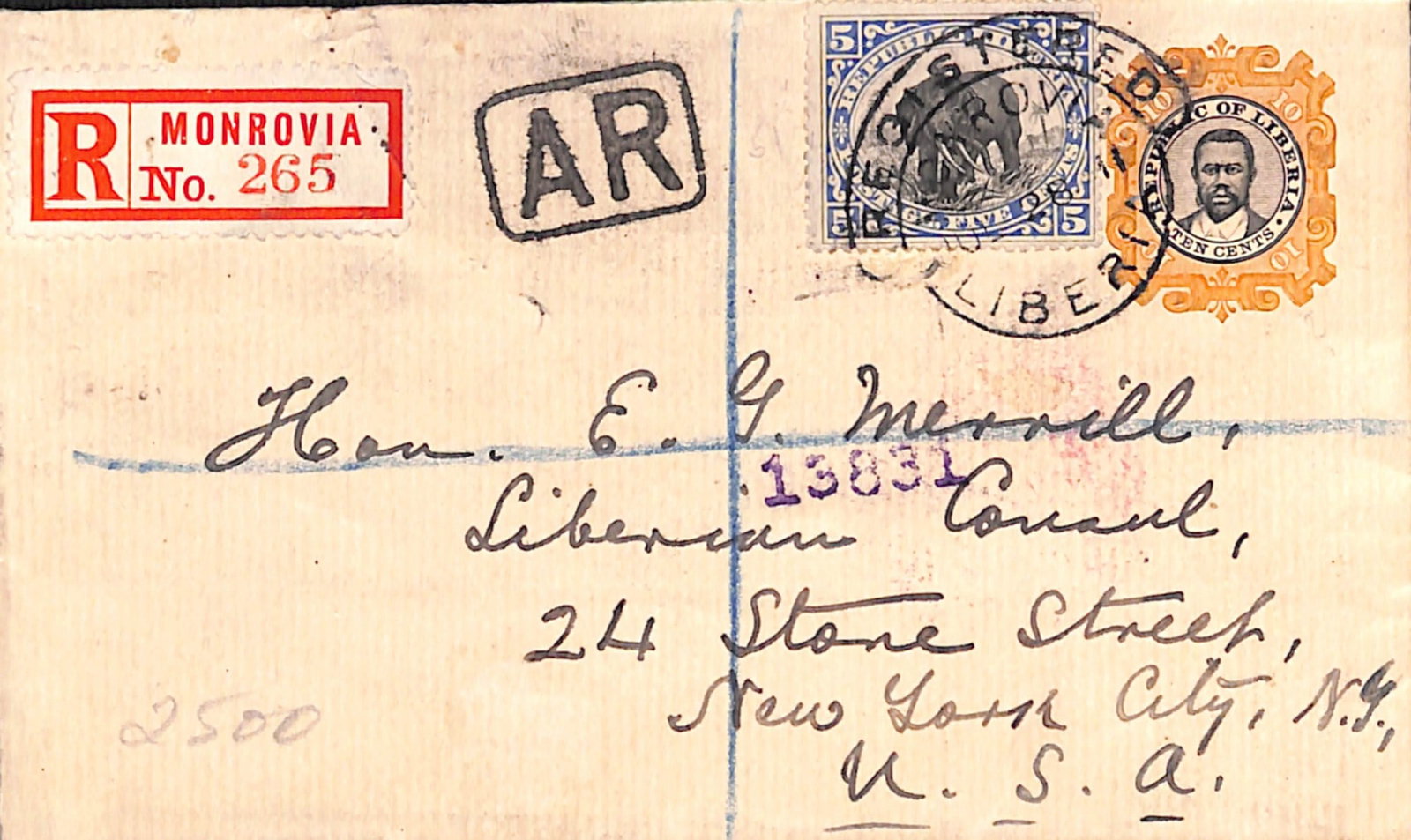 Title: Liberia 1911 (July 28) Description: Soruth. 1864 (Nov) 1a Black on azure laid paper, type 1: Title: Liberia 1911 (July 28) Description: Soruth. 1864 (Nov) 1a Black on azure laid paper, type 1 handstamp in watercolour, used on large part folded native entire, manuscript cancel. The stamp with