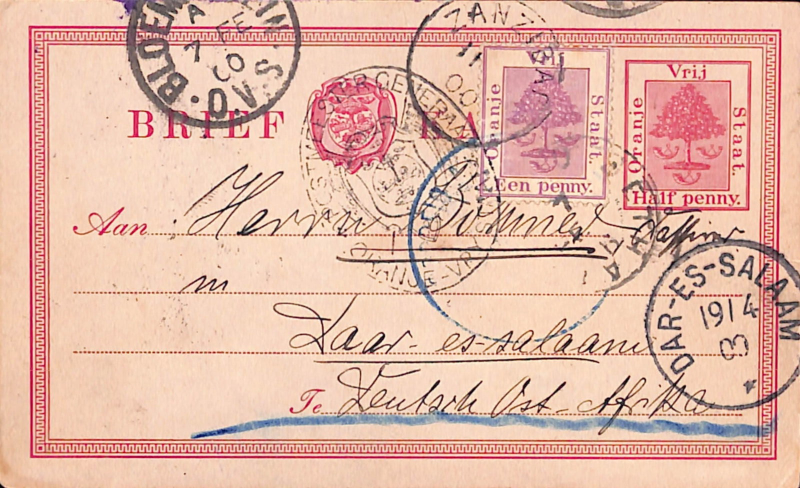 Title: Boer War 1900 (Feb. 6) Description: O.F.S. 1/2d Postcard franked 1d from Bothamien to (1 of 2)
