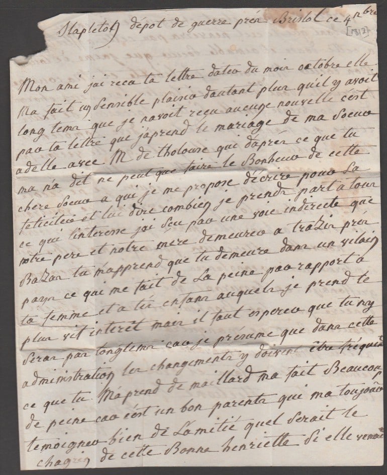 Title: Great Britain - Military - P.O.W. Mail 1812 (Dec. 4) Description: Entire letter from a French - 4
