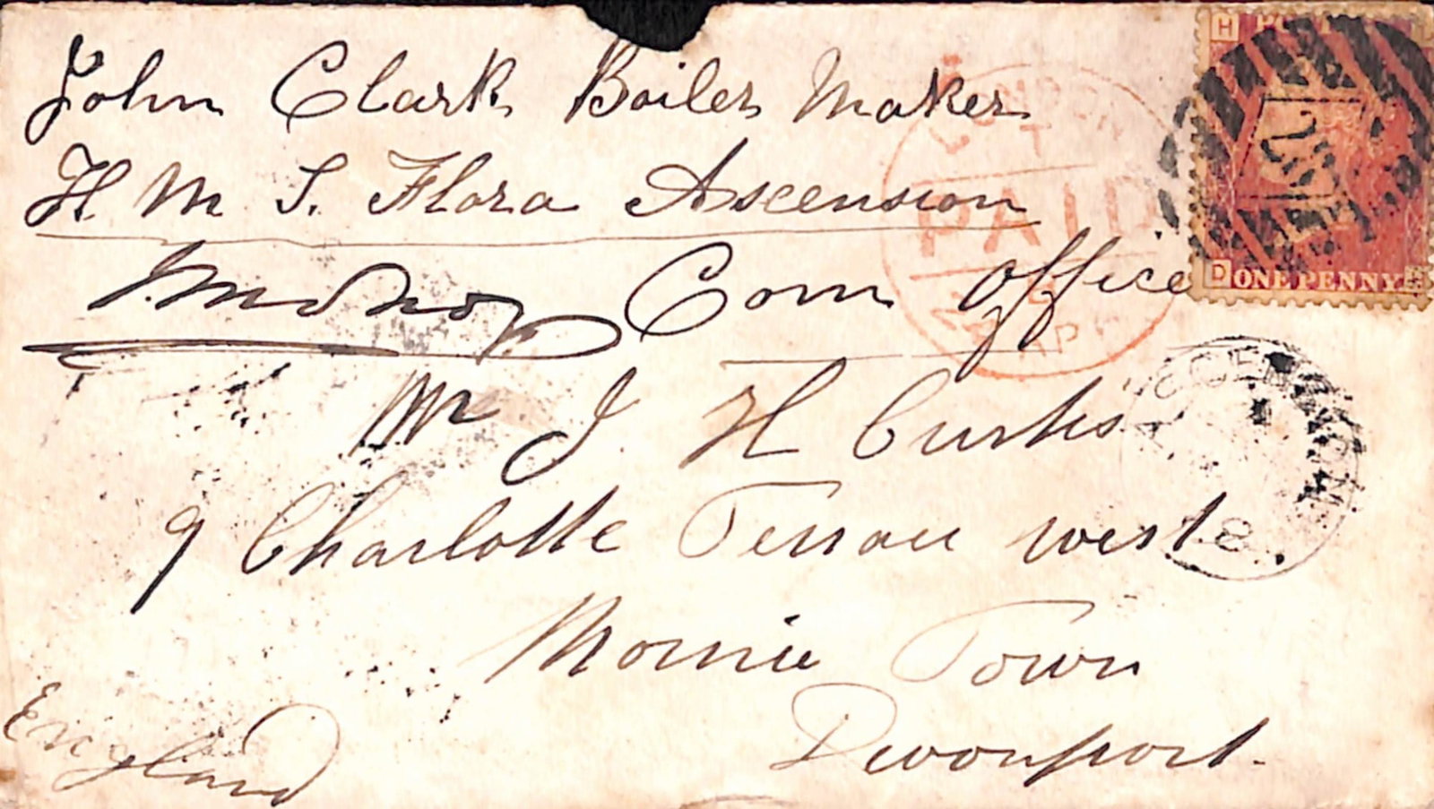 Title: Ascension 1868 (Aptr 1) Description: Cover with printed Ascension flap (small fault at: Title: Ascension 1868 (Aptr 1) Description: Cover with printed Ascension flap (small fault at upper edge) to Devonport, headed "John Clark, Boiler Maker, H.M.S Flora, Ascension" and countersigned, a