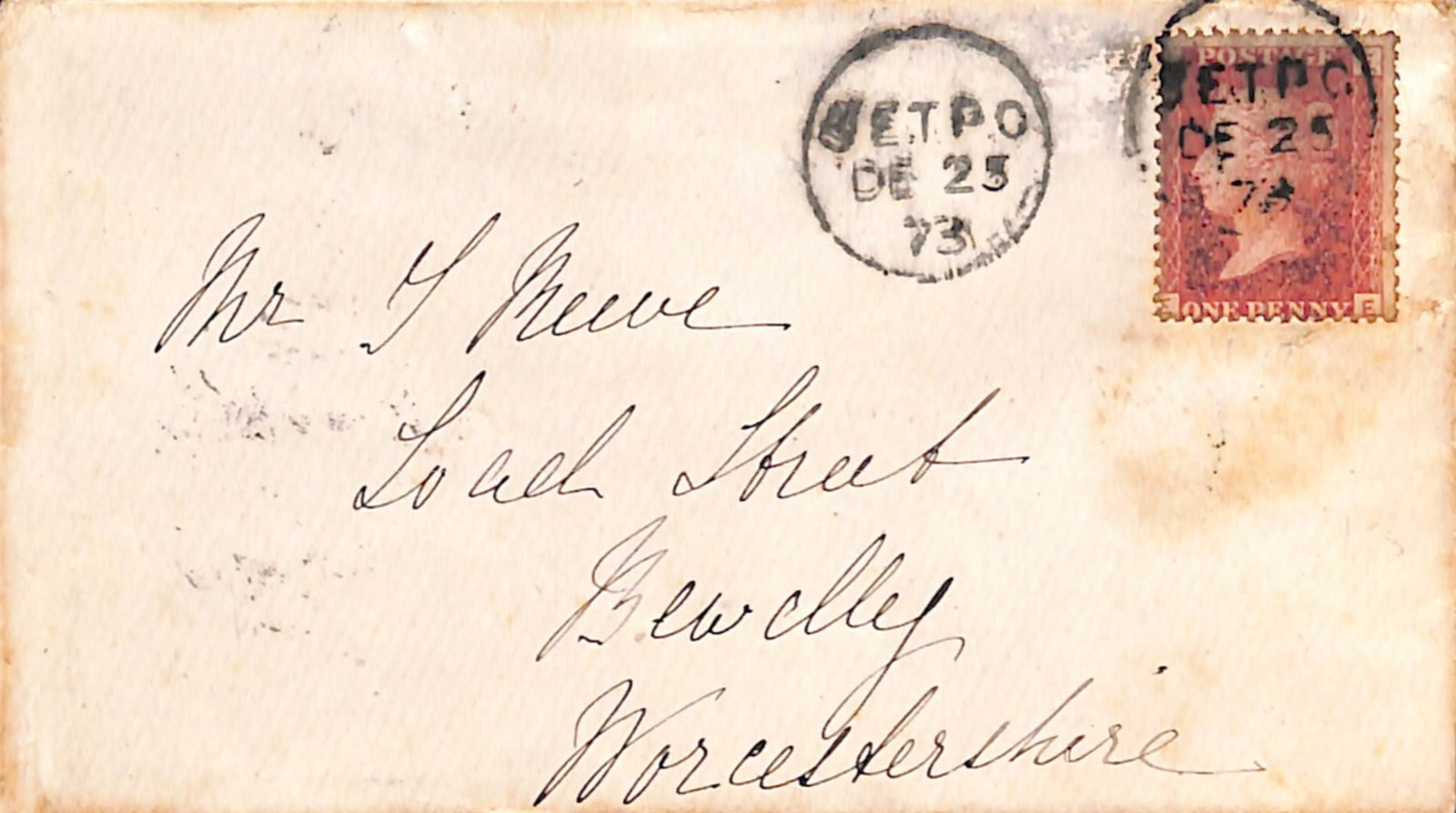 Title: G.B - T.P.O's 1873 (Dec 23) Description: Cover with 1d red cancelled by "S.E.T.P.O" c.d.s: Title: G.B - T.P.O's 1873 (Dec 23) Description: Cover with 1d red cancelled by "S.E.T.P.O" c.d.s with a second strike alongside. A rare datestamp, used on the London Bridge to Dover T.P.O.