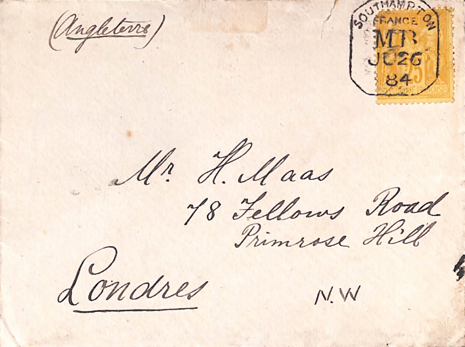 Title: G.B - Ship Letters - Southampton 1884 (June 26) Description: Cover to London franked France: Title: G.B - Ship Letters - Southampton 1884 (June 26) Description: Cover to London franked France 25c cancelled by octagonal "SOUTHAMPTON/FRANCE/MB" datestamp Condition: Used Delivery option: