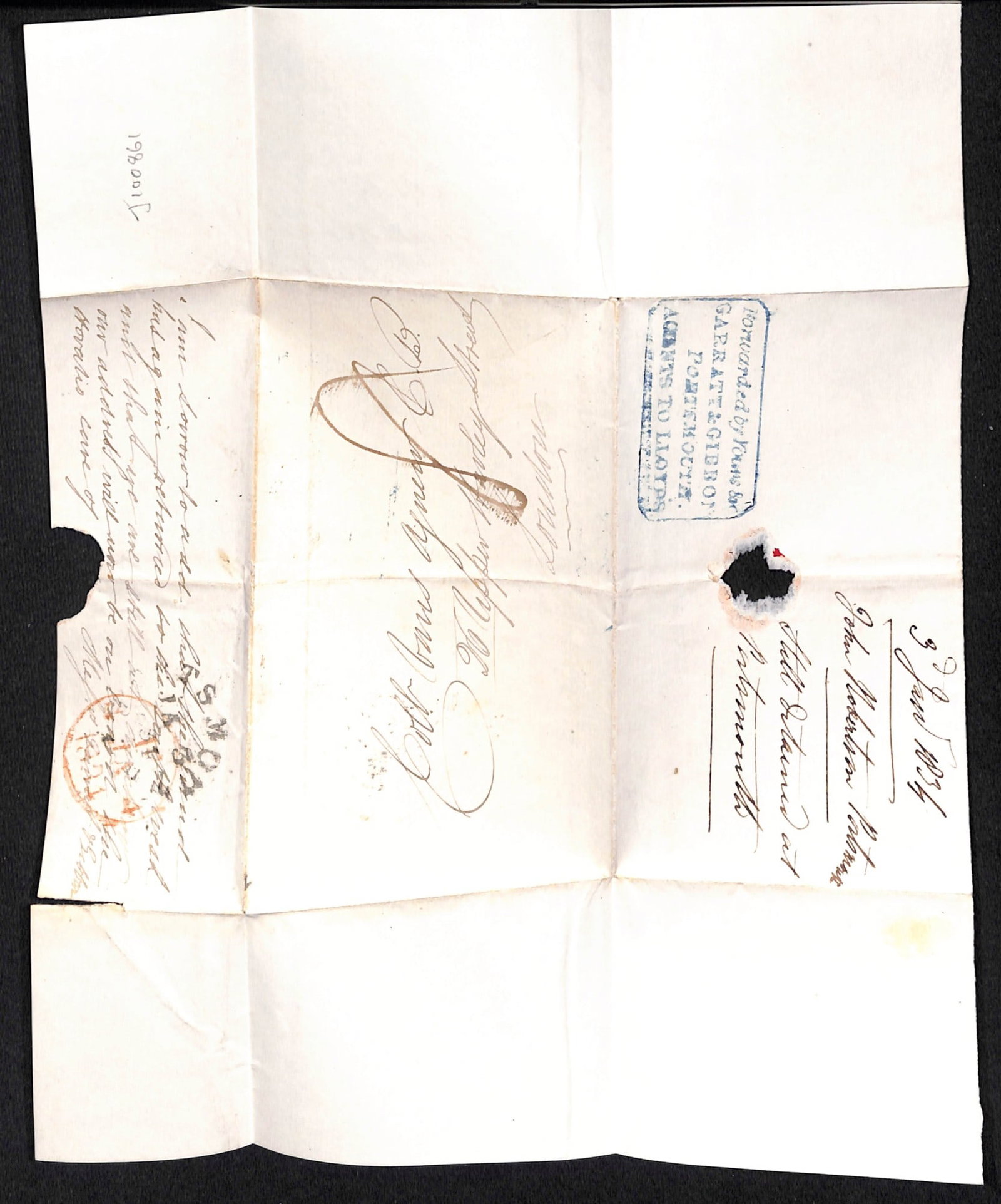 Title: G.B - Hampshire - Forwarding Agents 1834 (Jan 3) Description: Entire posted from Portsmouth - 4