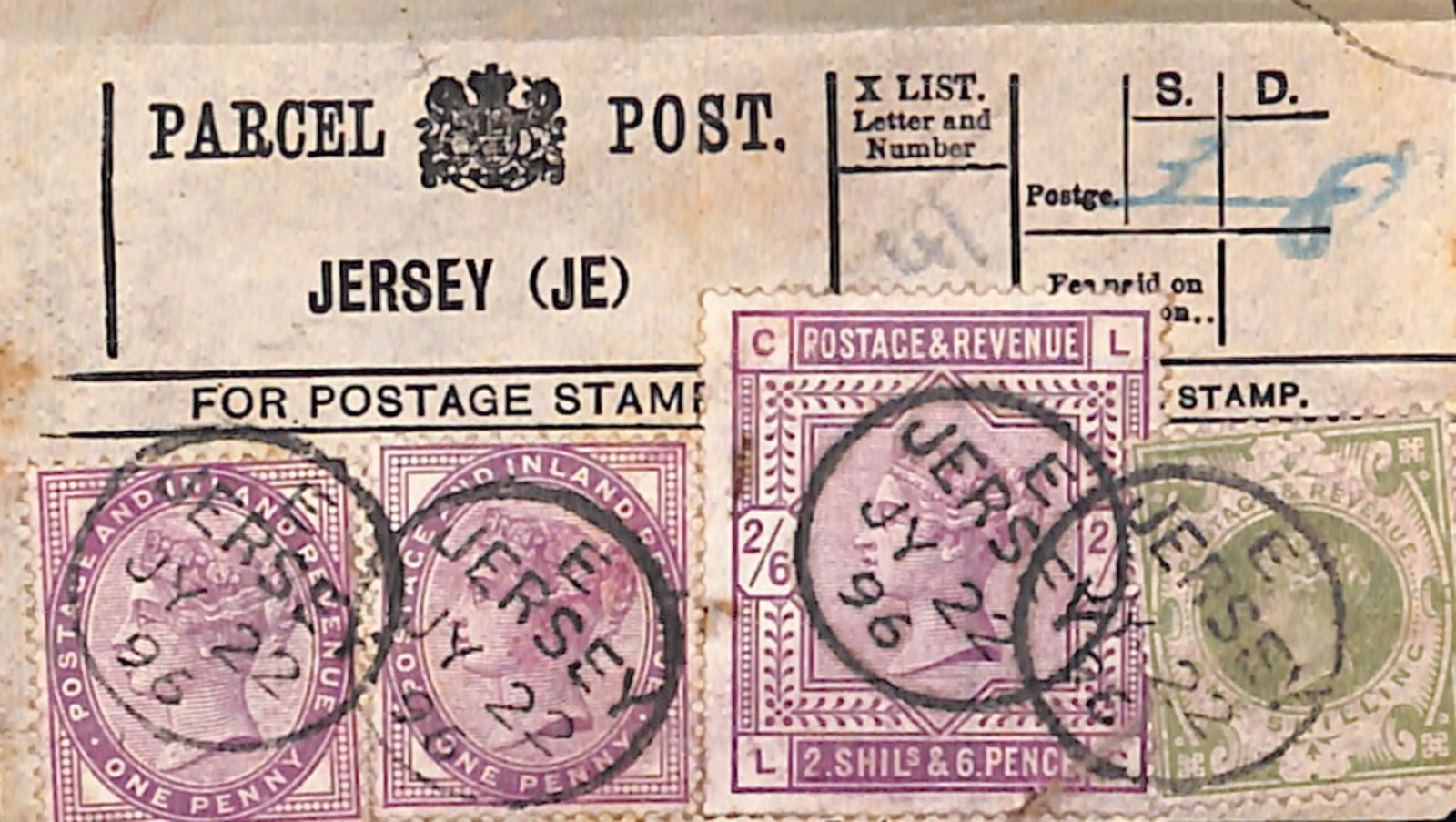 Title: G.B. - Channel Islands 1896 (July 22) Description: Jersey Parcel Post Label franked 1d (2),: Title: G.B. - Channel Islands 1896 (July 22) Description: Jersey Parcel Post Label franked 1d (2), 1/- and 2/6 (corner fault) paying a remarkable 3/8 rate. The maximum parcel fees was 1/6, the