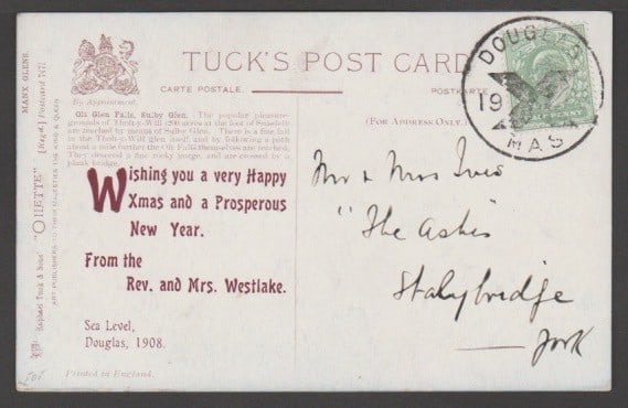 Title: Isle of Man / Christmas 1908 Description: Picture postcard with printed Christmas (1 of 2)
