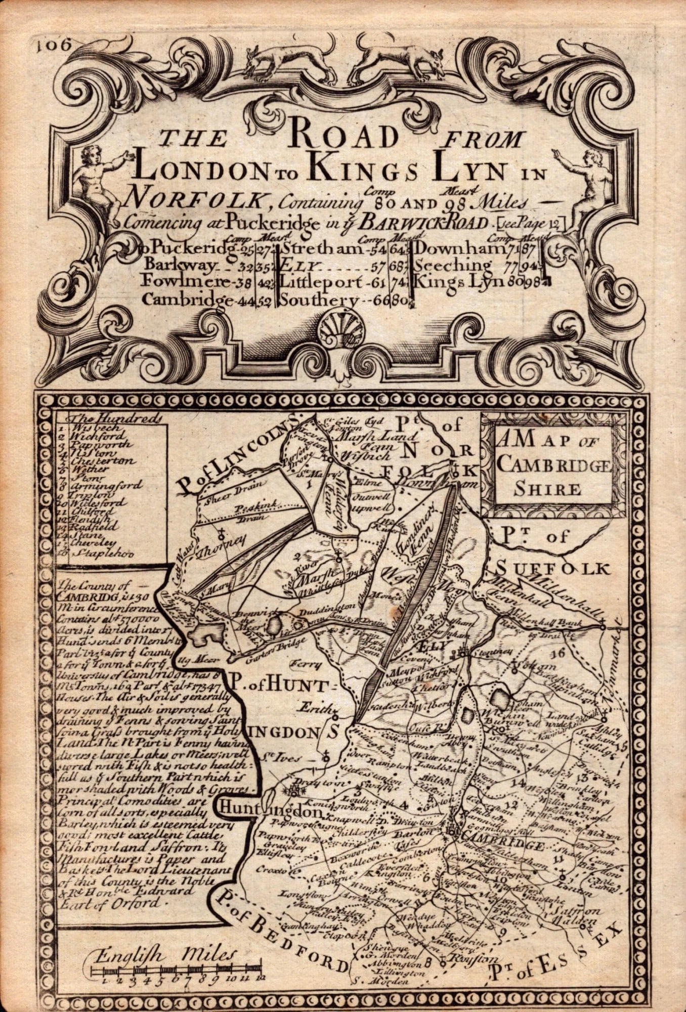 Bowen 290 Yrs Old Scarce Detailed Road Map The Road From London to Kings Lynn. - 2