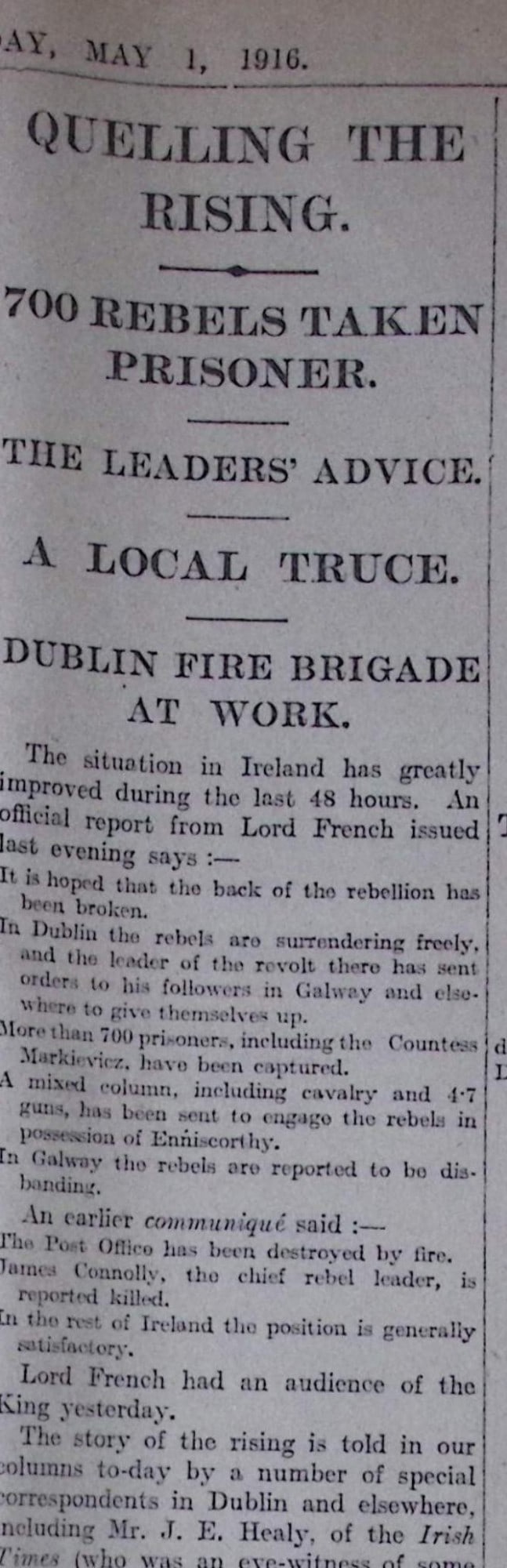 Easter Rising 1916 Rare Complete Newspaper False Reports Connolly Killed & Pearse Injured. - 7