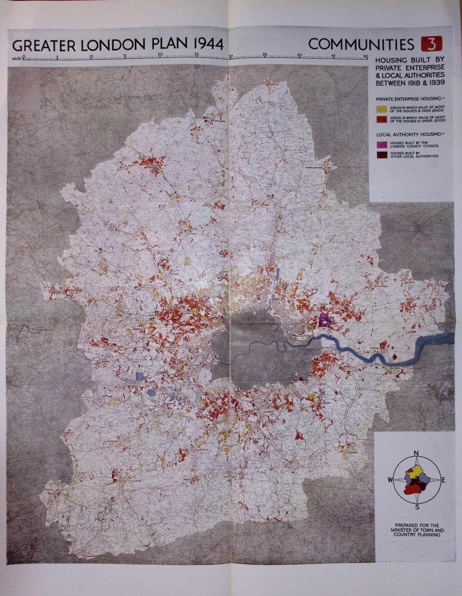 Original WW2 1944 Greater London Large Plan Showing Communities by Abercrombie-3.: Title: Original WW2 1944 Greater London Large Plan Showing Communities by Abercrombie-3. Description: Good Condition with Two Natural Folds Prepared for the Minister of Town and Country Planning.