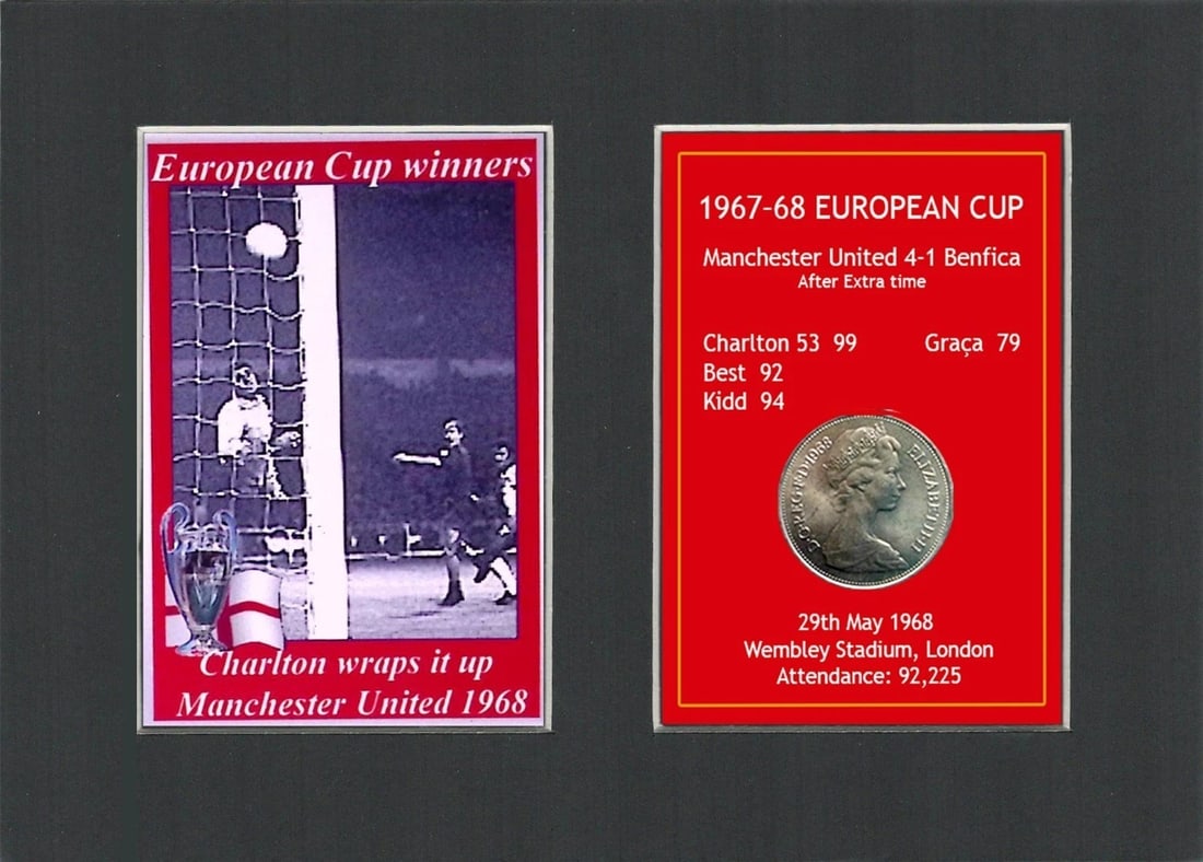 Charlton Scores His 2nd Manchester United 1968 European Cup Mounted Coin Metal Art: Title: Charlton Scores His 2nd Manchester United 1968 European Cup Mounted Coin Metal Art Description: Consists of a Genuine 1968 Ten Pence Piece. The Year Man United Became the First English Club to