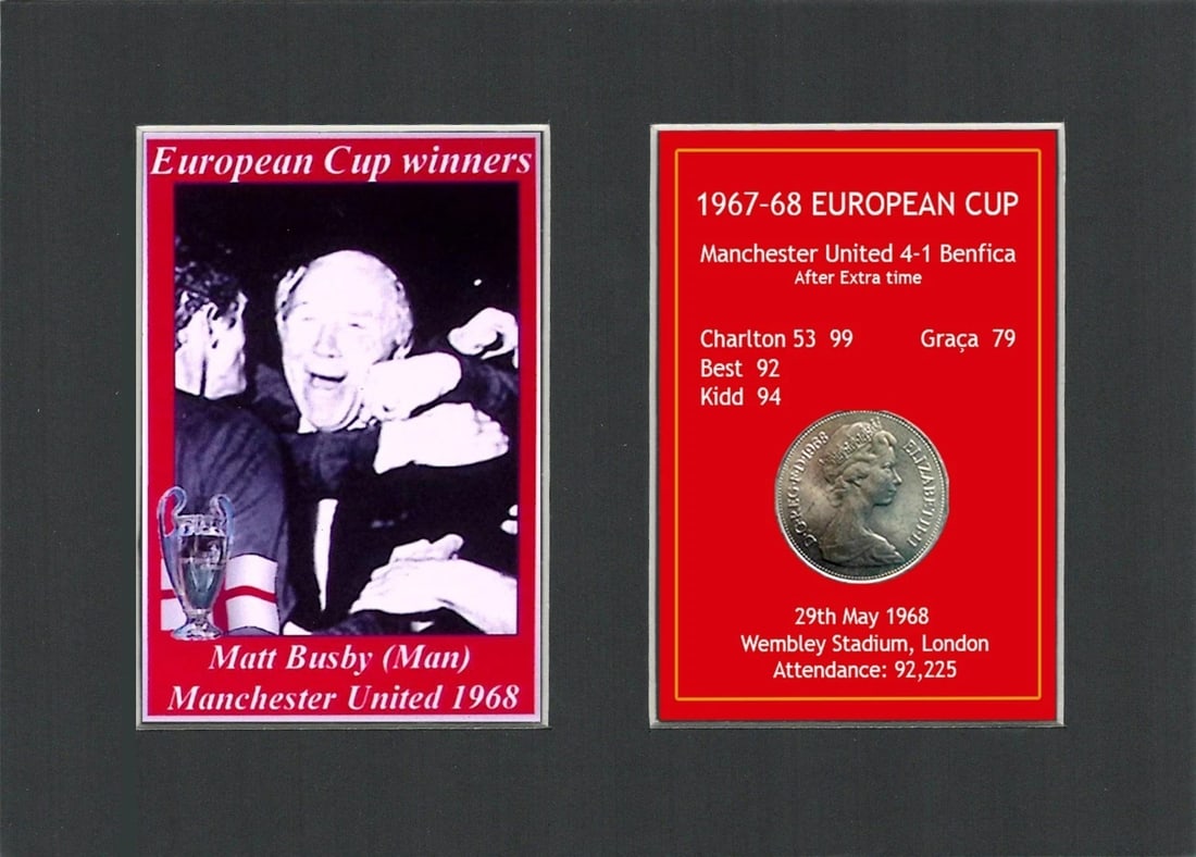 Matt Busby Manchester United 1968 European Cup Mounted Coin Metal Art: Title: Matt Busby Manchester United 1968 European Cup Mounted Coin Metal Art Description: Consists of a Genuine 1968 Ten Pence Piece. The Year Man United Became the First English Club to Win