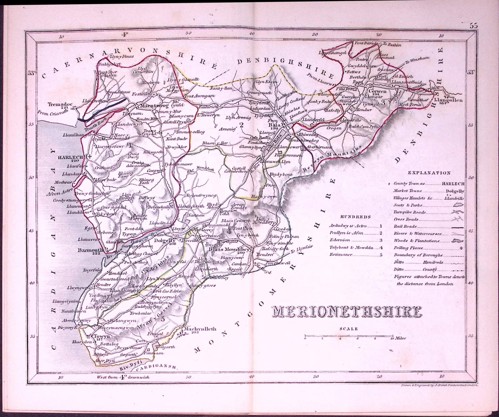 Merionethshire Wales-Dugdale & Archer Antique 180 Years-Old Steel Engraved Map-54: Title: Merionethshire Wales-Dugdale & Archer Antique 180 Years-Old Steel Engraved Map-54 Description: This Antique Coloured Engraved Map Has Been Removed from an Antique Edition of. Thomas
