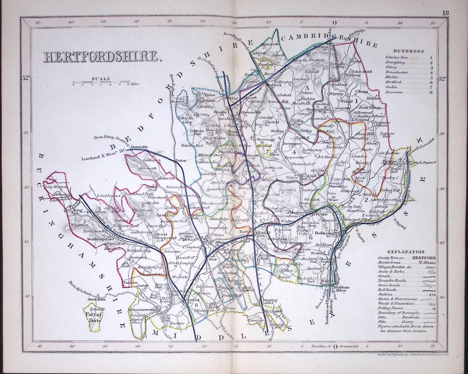 Hertfordshire-Dugdale & Archer Antique 180 Years-Old Steel Engraved Map-34: Title: Hertfordshire-Dugdale & Archer Antique 180 Years-Old Steel Engraved Map-34 Description: This Antique Coloured Engraved Map Has Been Removed from an Antique Edition of. Thomas Dugdale