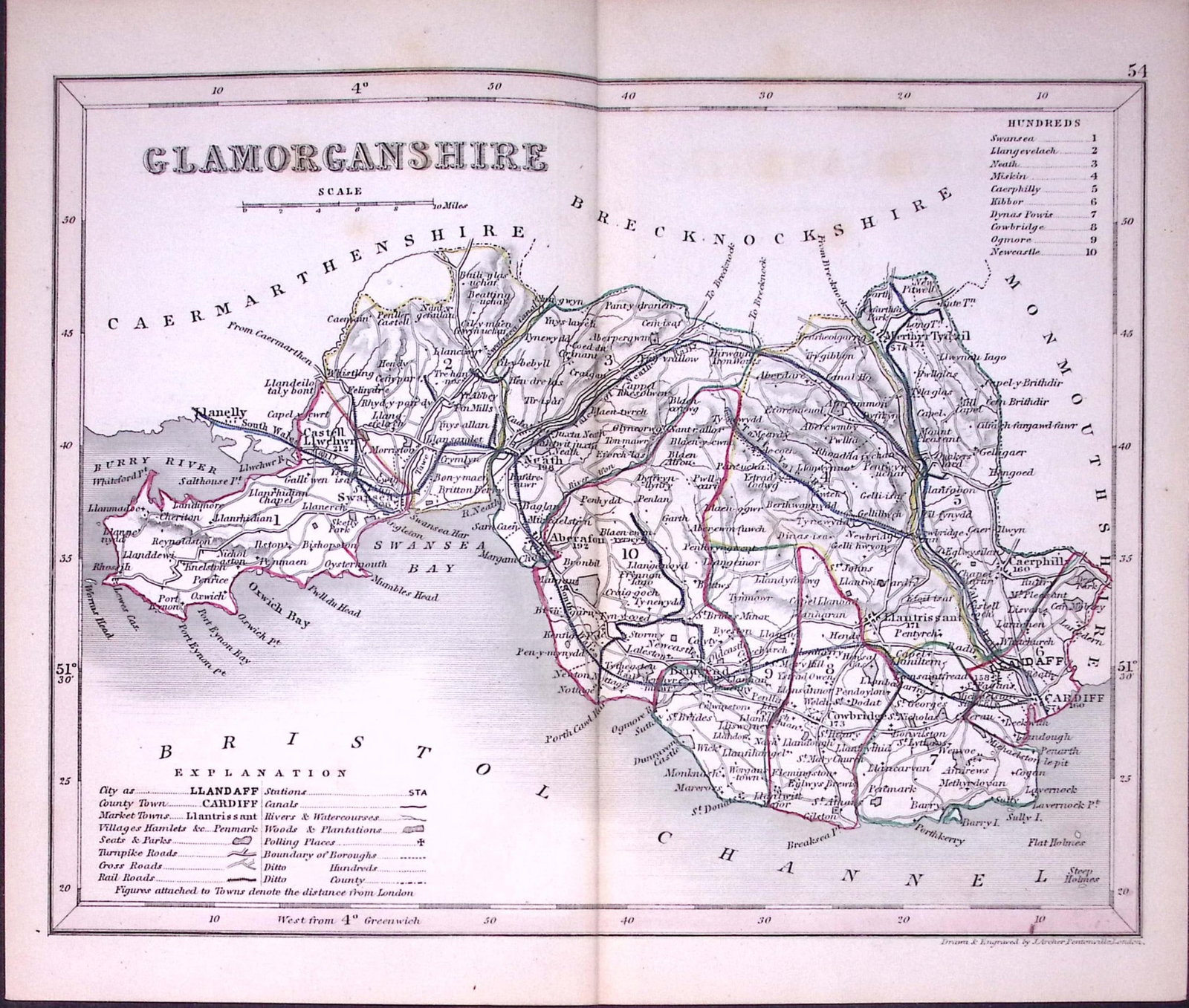 Glamorganshire Wales-Dugdale & Archer Antique 180 Years-Old Steel Engraved Map-51: Title: Glamorganshire Wales-Dugdale & Archer Antique 180 Years-Old Steel Engraved Map-51 Description: This Antique Coloured Engraved Map Has Been Removed from an Antique Edition of. Thomas