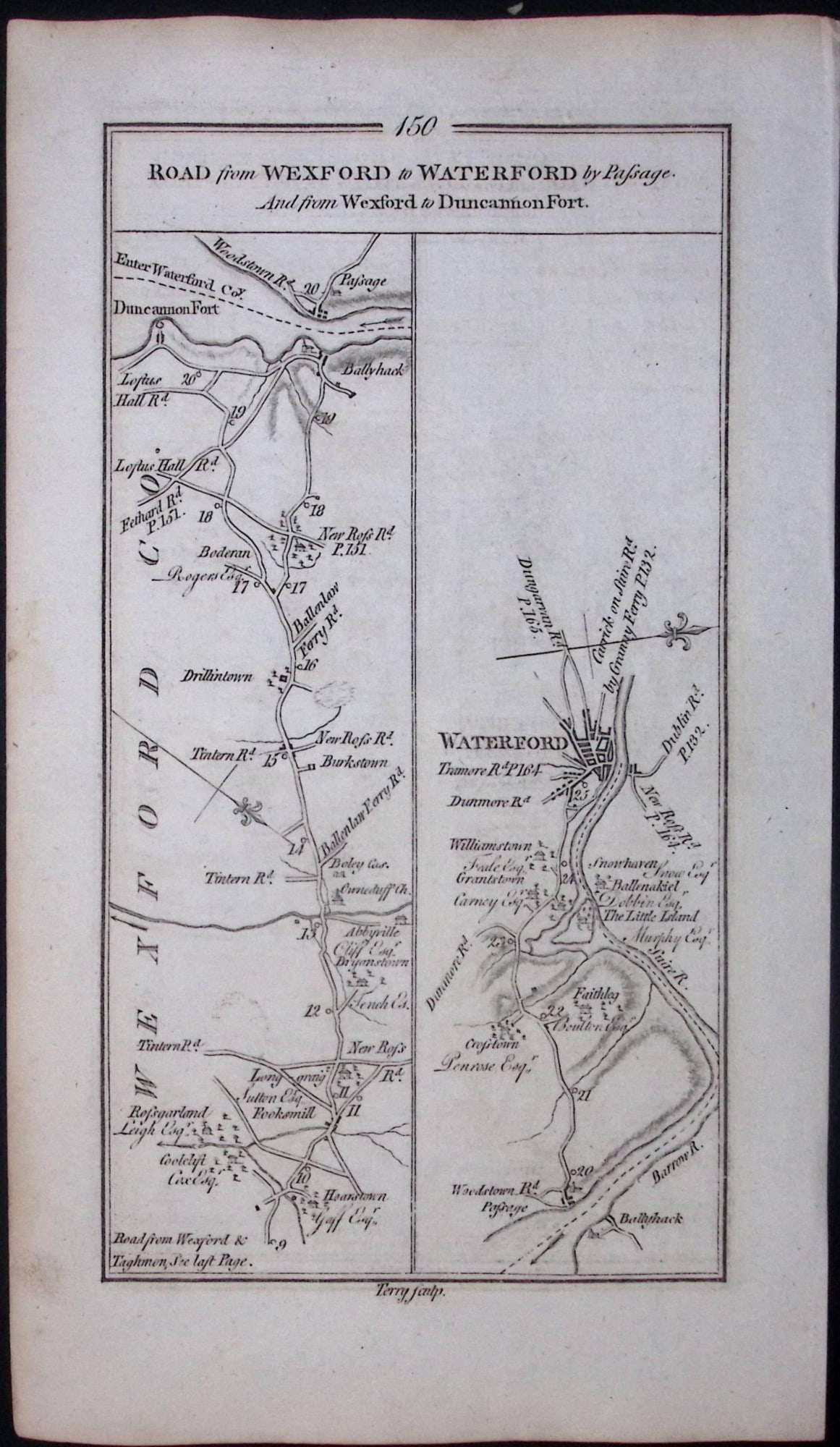 Ireland 245 Years -Old Antique Road Map Wexford, New-Ross, Waterford-150 - 2