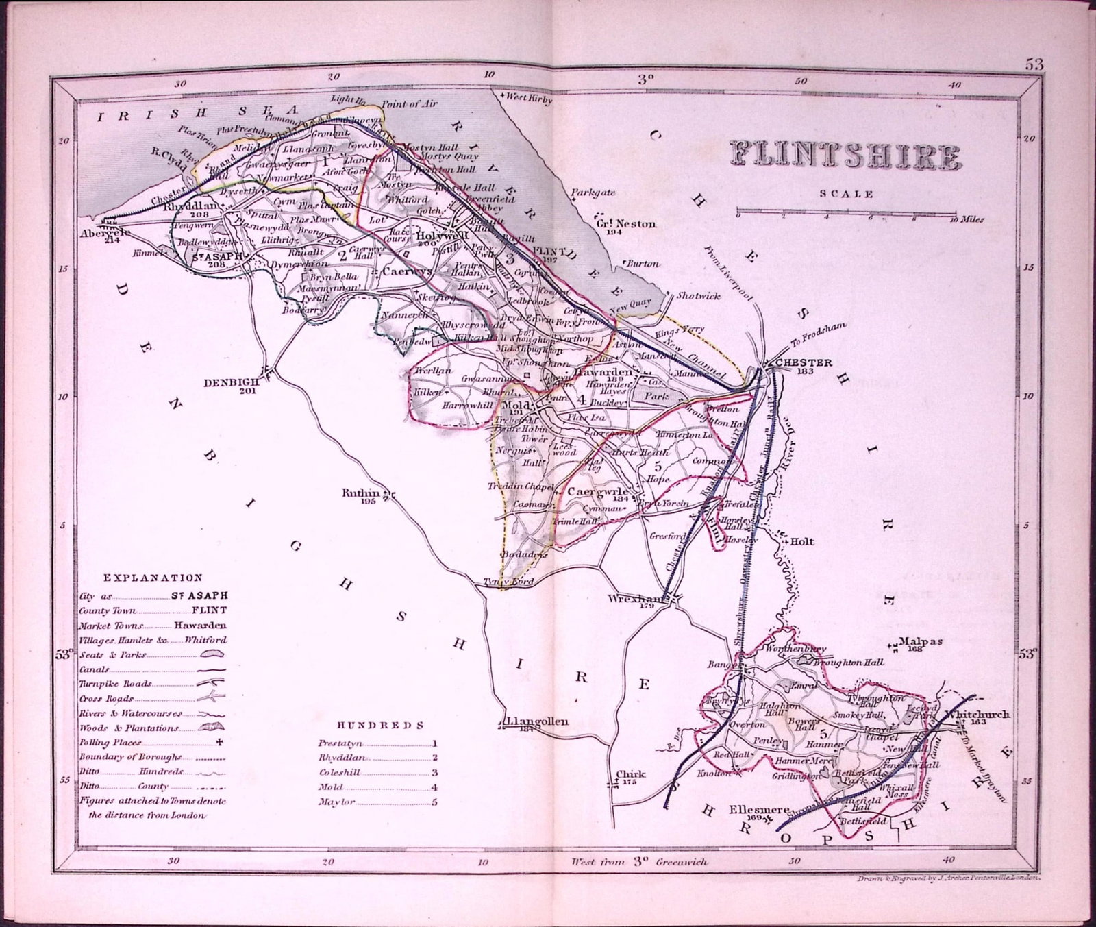 Flintshire Wales-Dugdale & Archer Antique 180 Years-Old Steel Engraved Map-50: Title: Flintshire Wales-Dugdale & Archer Antique 180 Years-Old Steel Engraved Map-50 Description: This Antique Coloured Engraved Map Has Been Removed from an Antique Edition of. Thomas Dugd