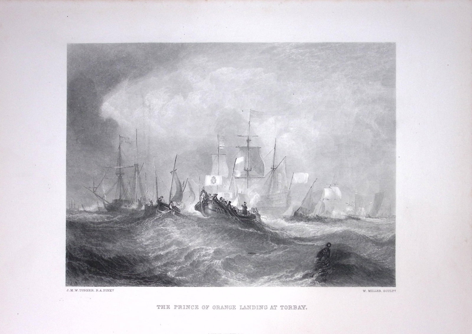 J.M.W Turner Torbay Prince of Orange Landing Antique Steel Engraving-30-TR: Title: J.M.W Turner Torbay Prince of Orange Landing Antique Steel Engraving-30-TR Description: This Antique Steel-Engraving Was Removed from an Edition Of. The Turner Gallery a Series of